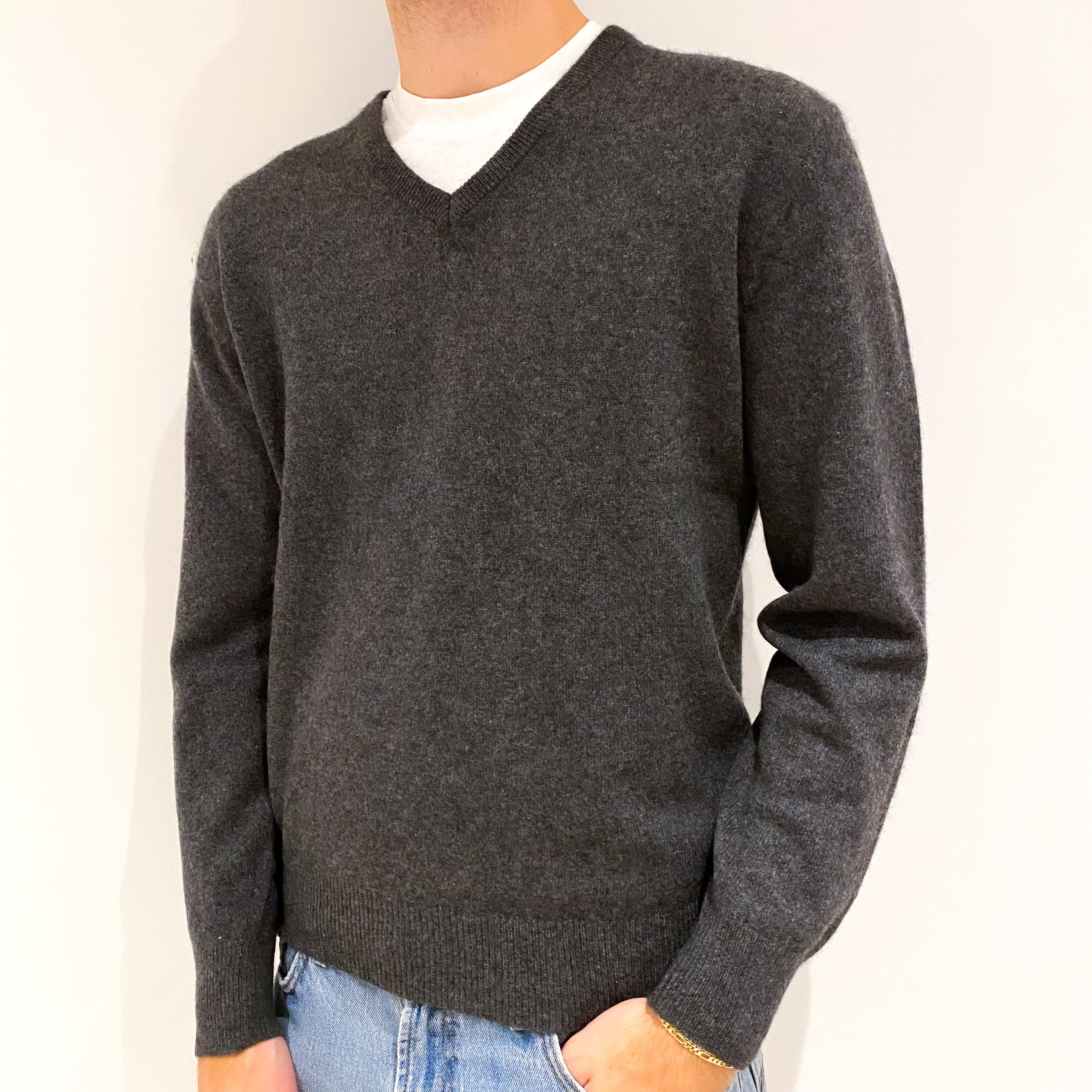Men's Slate Grey Cashmere V-Neck Jumper Large