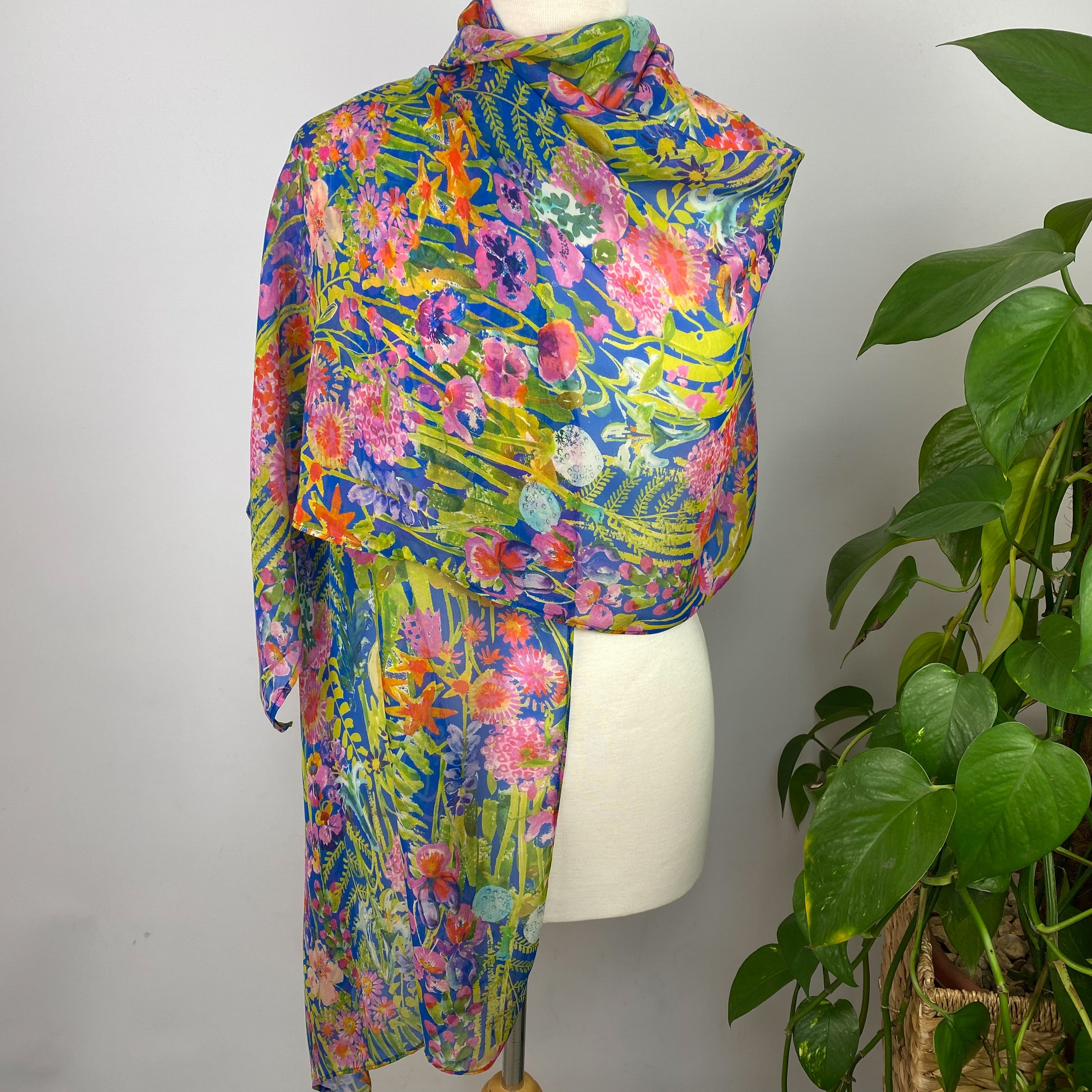 Colourful Floral Long Wrap Style Silk Scarf