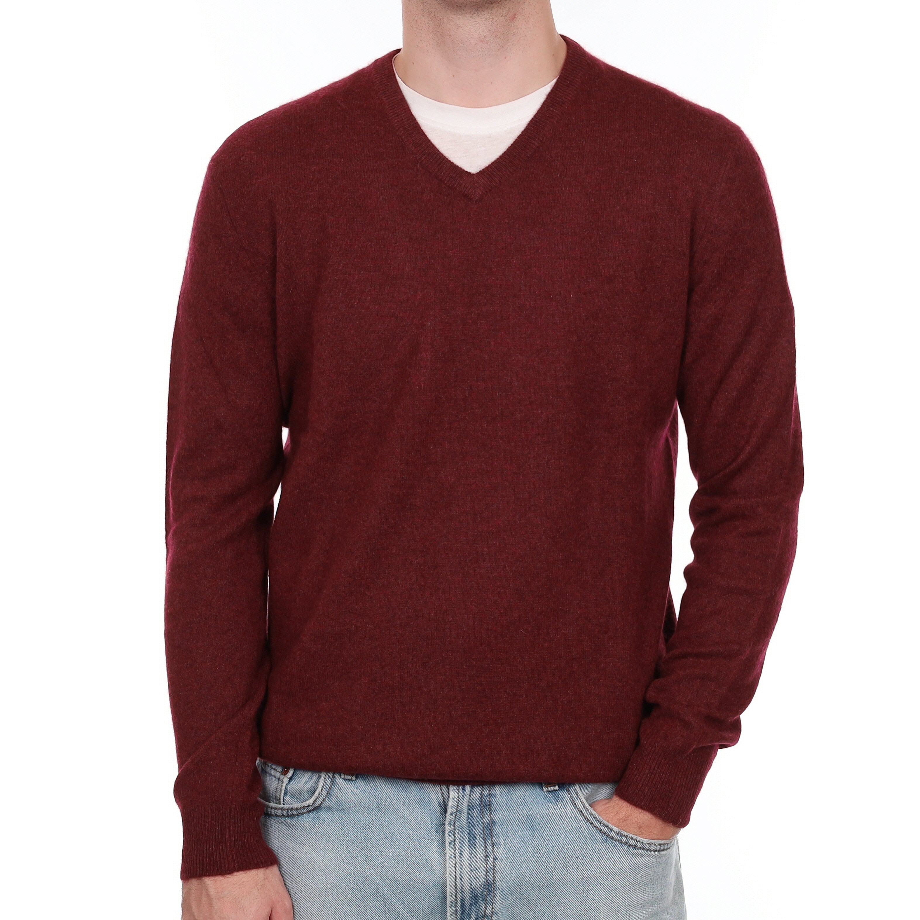 Men's Wine Red Marl Cashmere V Neck Jumper Large