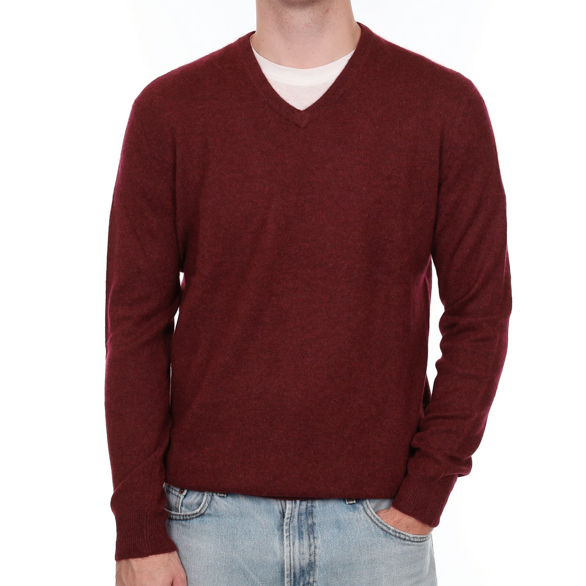 Men's Wine Red Marl Cashmere V Neck Jumper Large