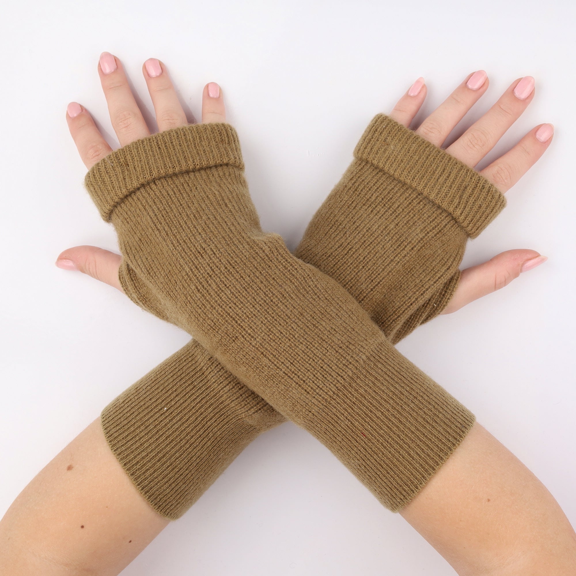 Toffee Brown Rib Knit Fingerless Gloves