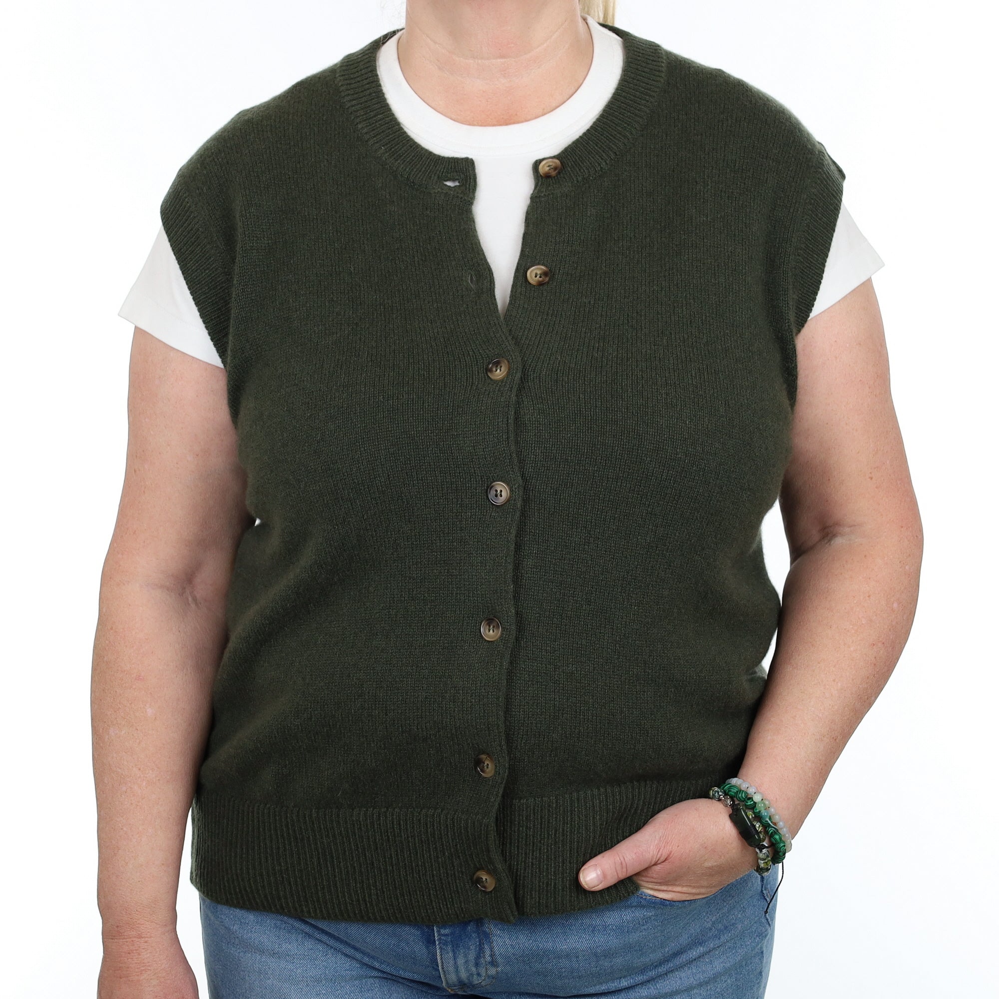 Brand New Khaki Luxury Cashmere Crew Neck Waistcoat Extra Large UK 20-22