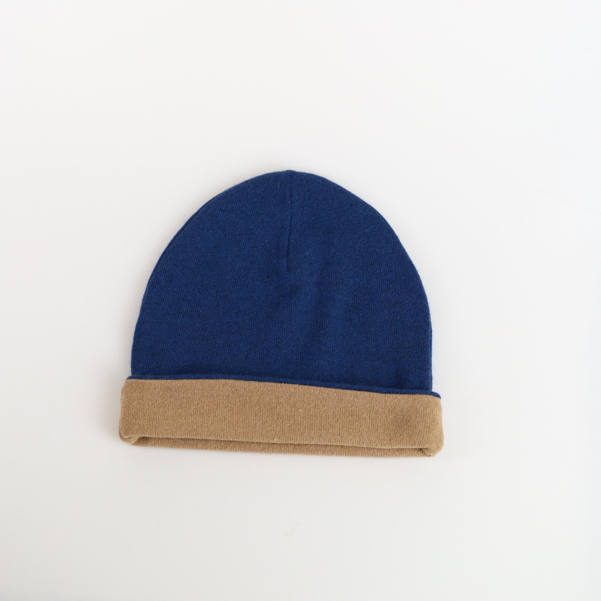 Denim Blue and Camel Cashmere Beanie Hat