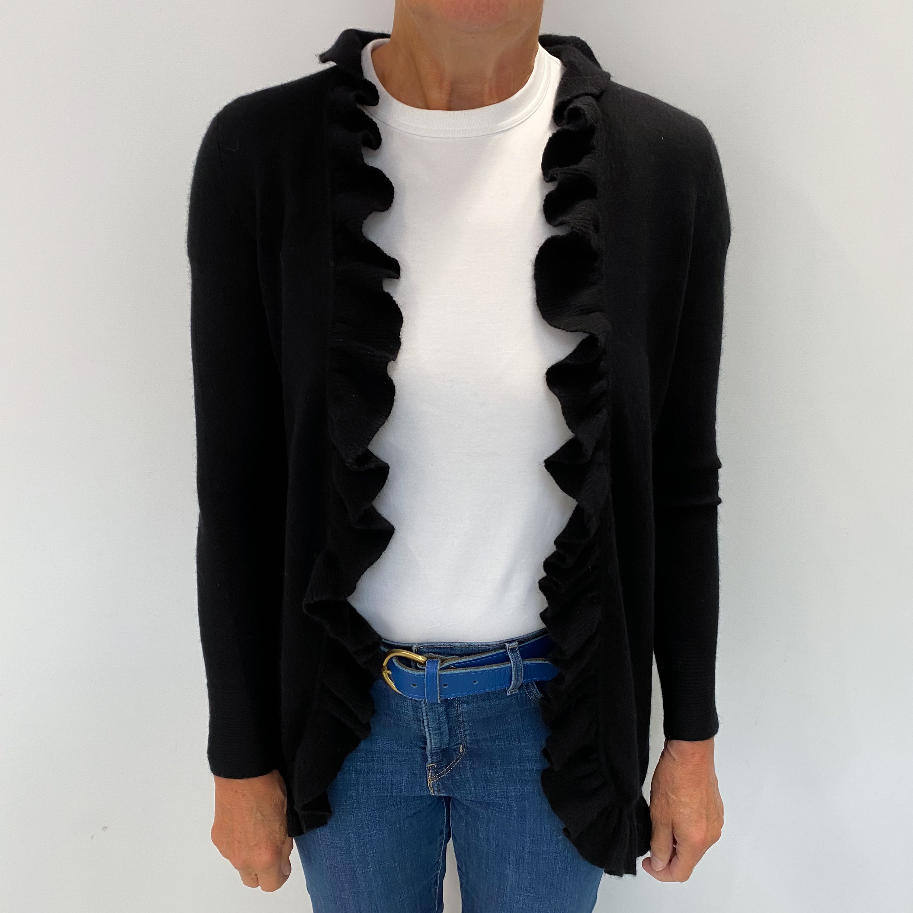 Black Cashmere Ruffle Edge to Edge Cardigan Medium