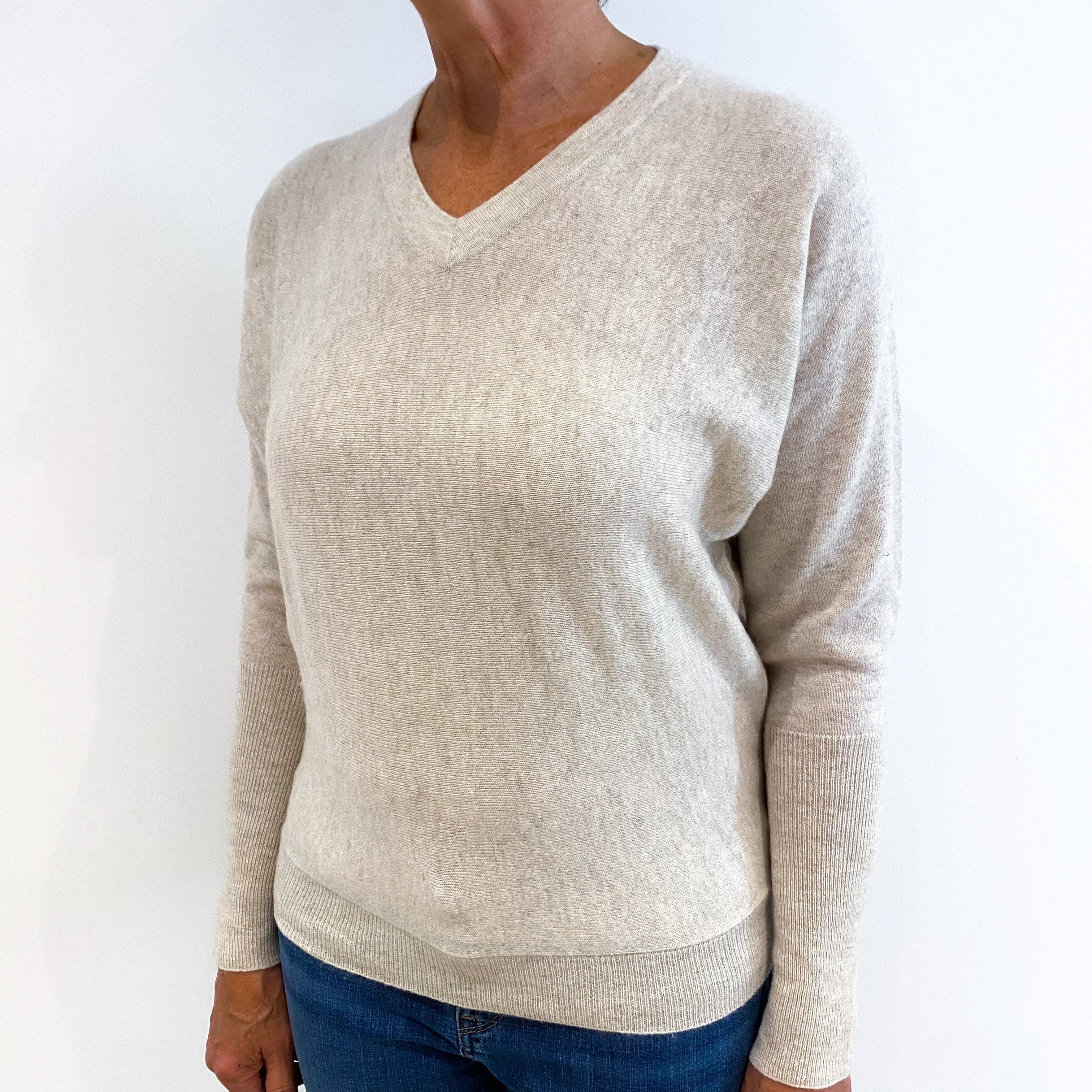 Oatmeal Slouchy Batwing Cashmere V-Neck Jumper Medium