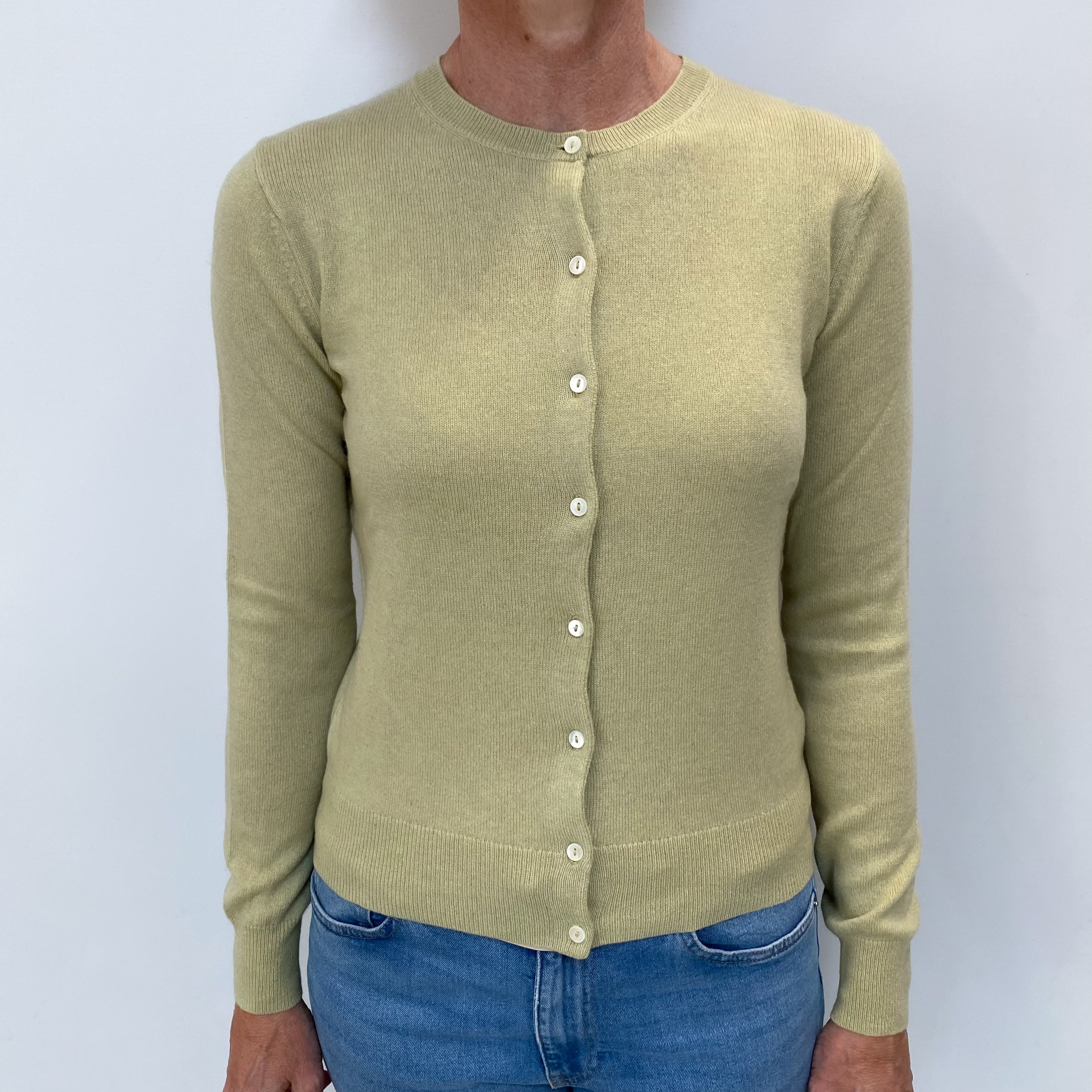 Pistachio Green Cashmere Crew Neck Cardigan Small