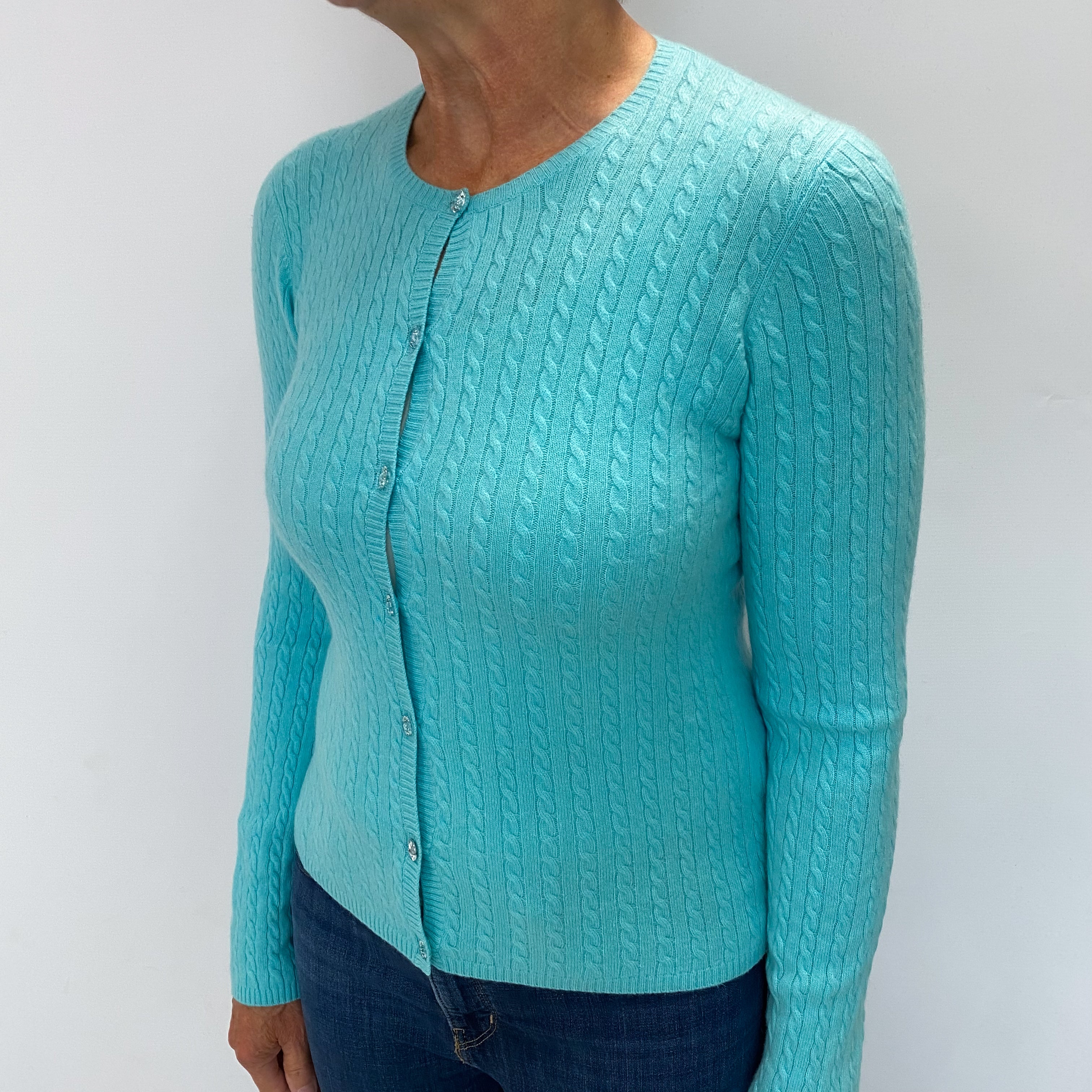 Pale Aqua Blue Cashmere Crew Neck Cardigan Medium