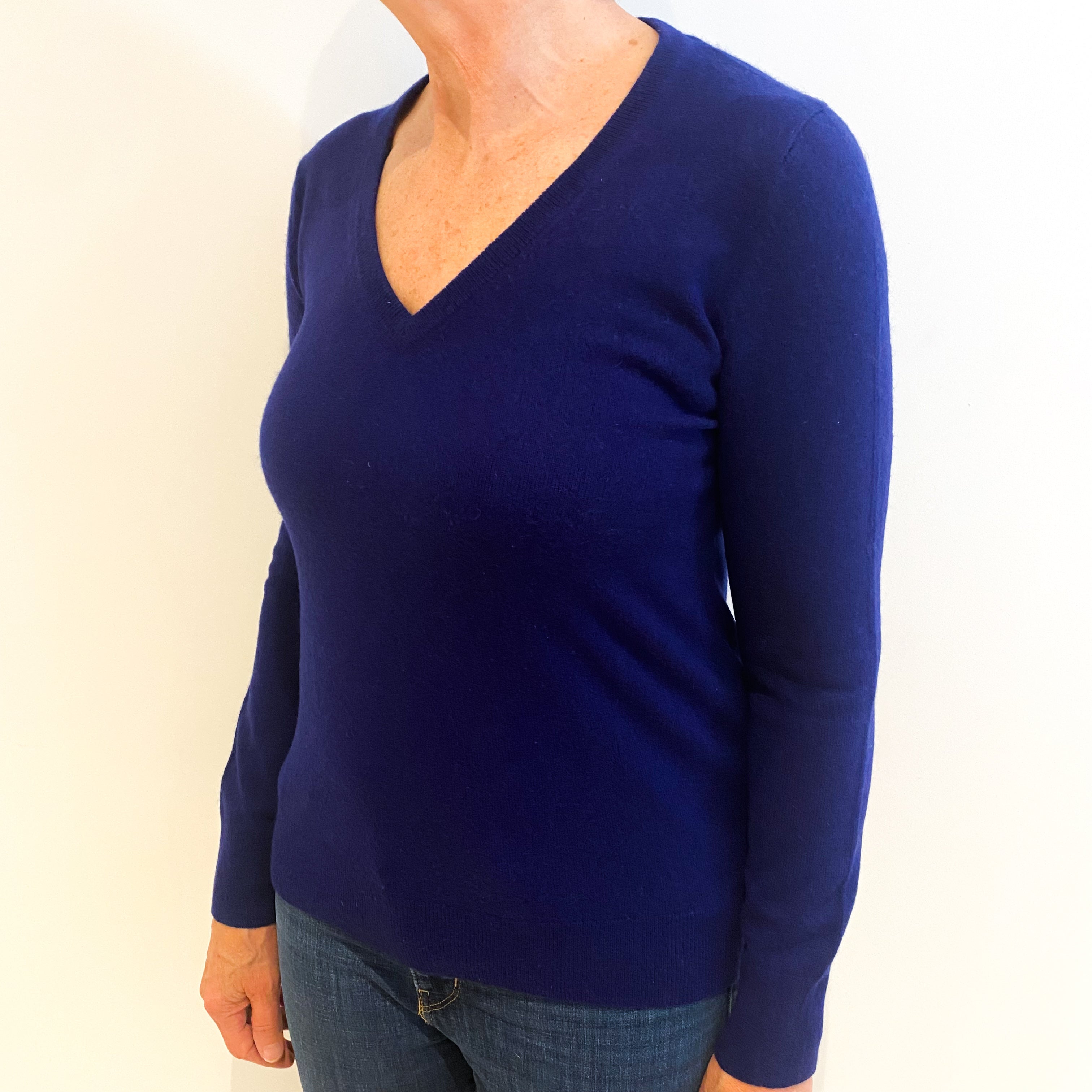 Indigo Blue Cashmere V Neck Jumper Medium