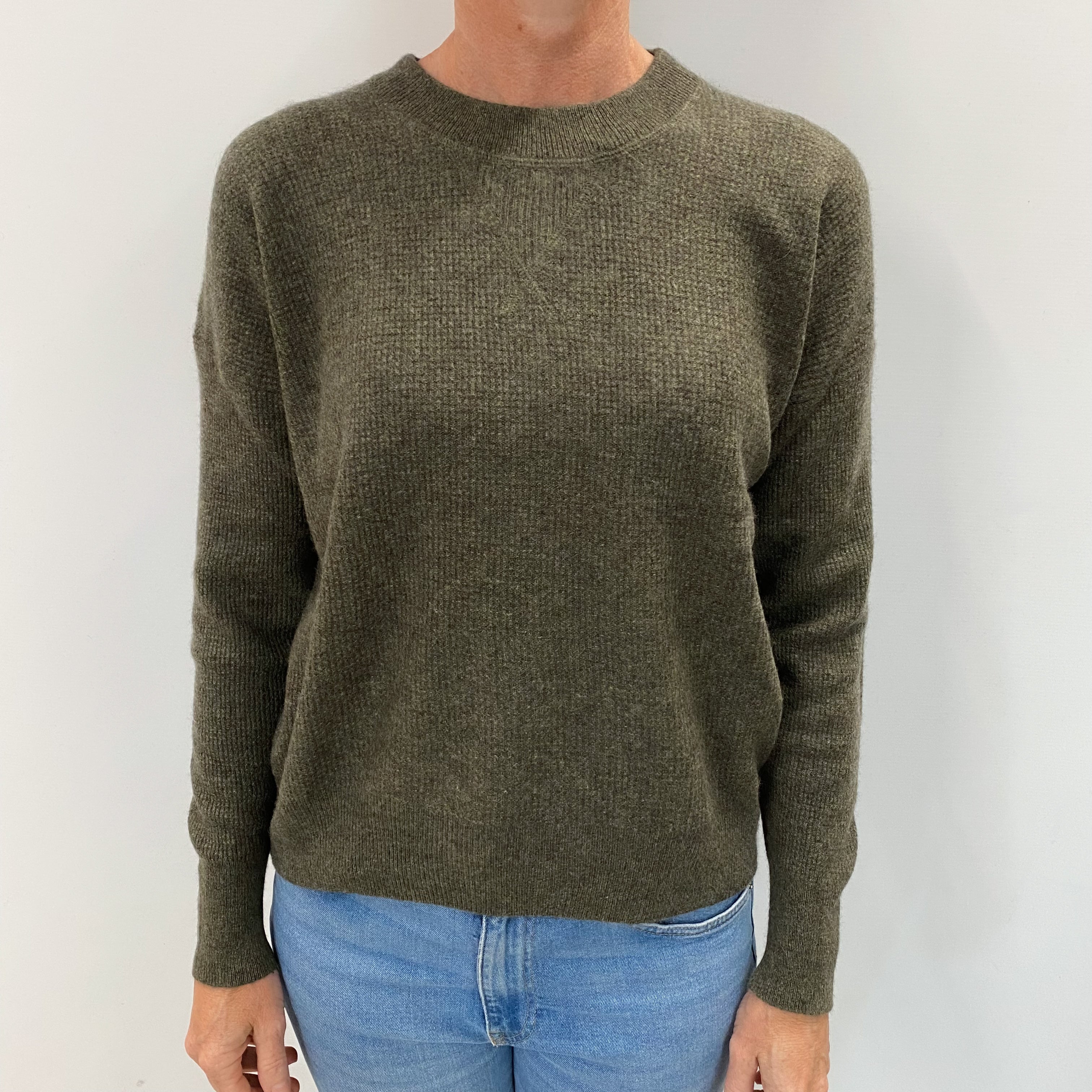 Khaki Green Marl Cashmere Crew Neck Textured Knit Jumper Small