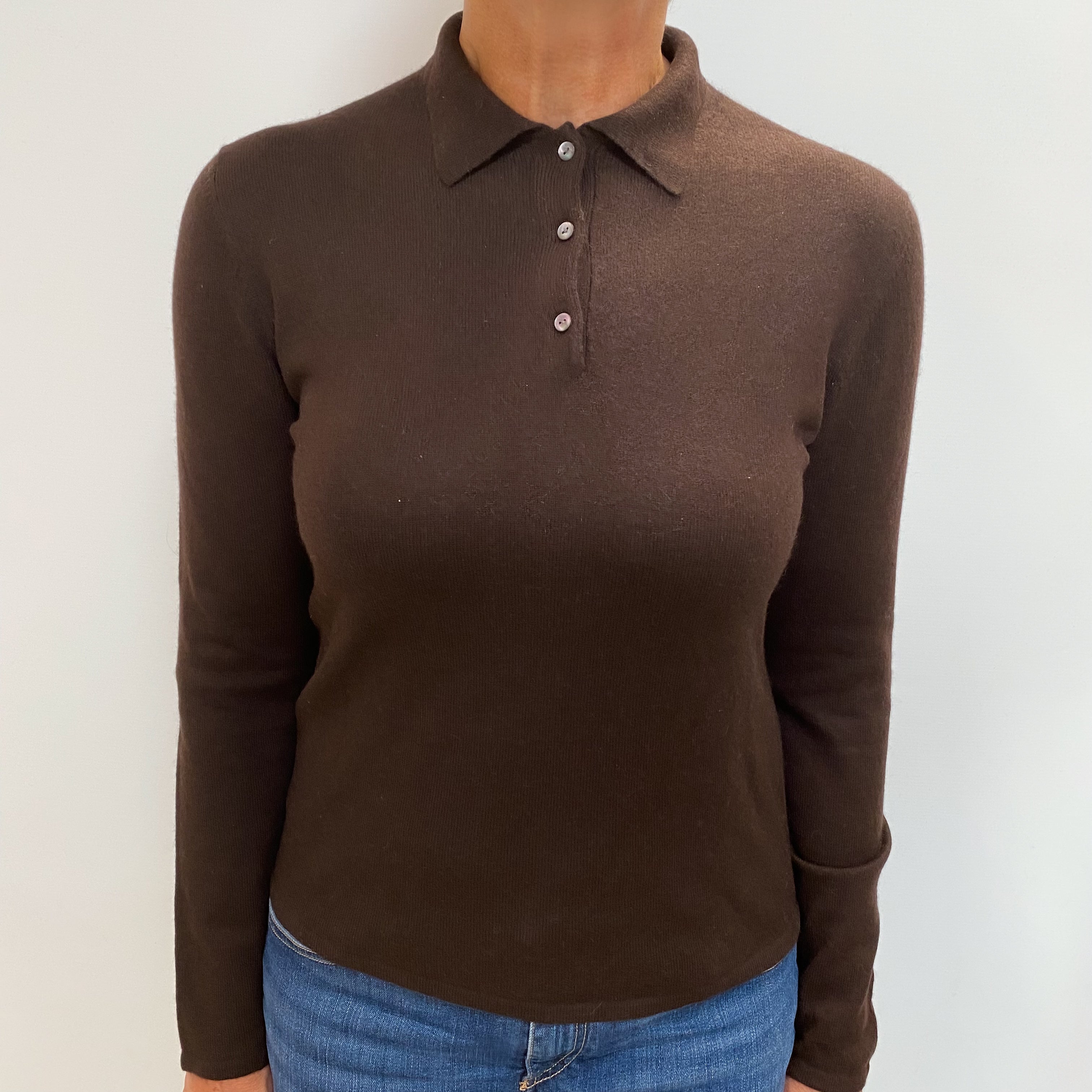 Chocolate Brown Cashmere Collared 1/4 Button Jumper Medium