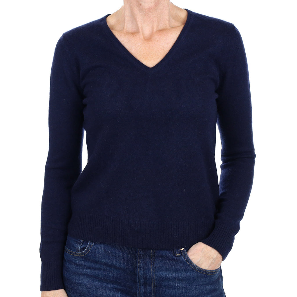 Navy Blue Cashmere V Neck Jumper Small