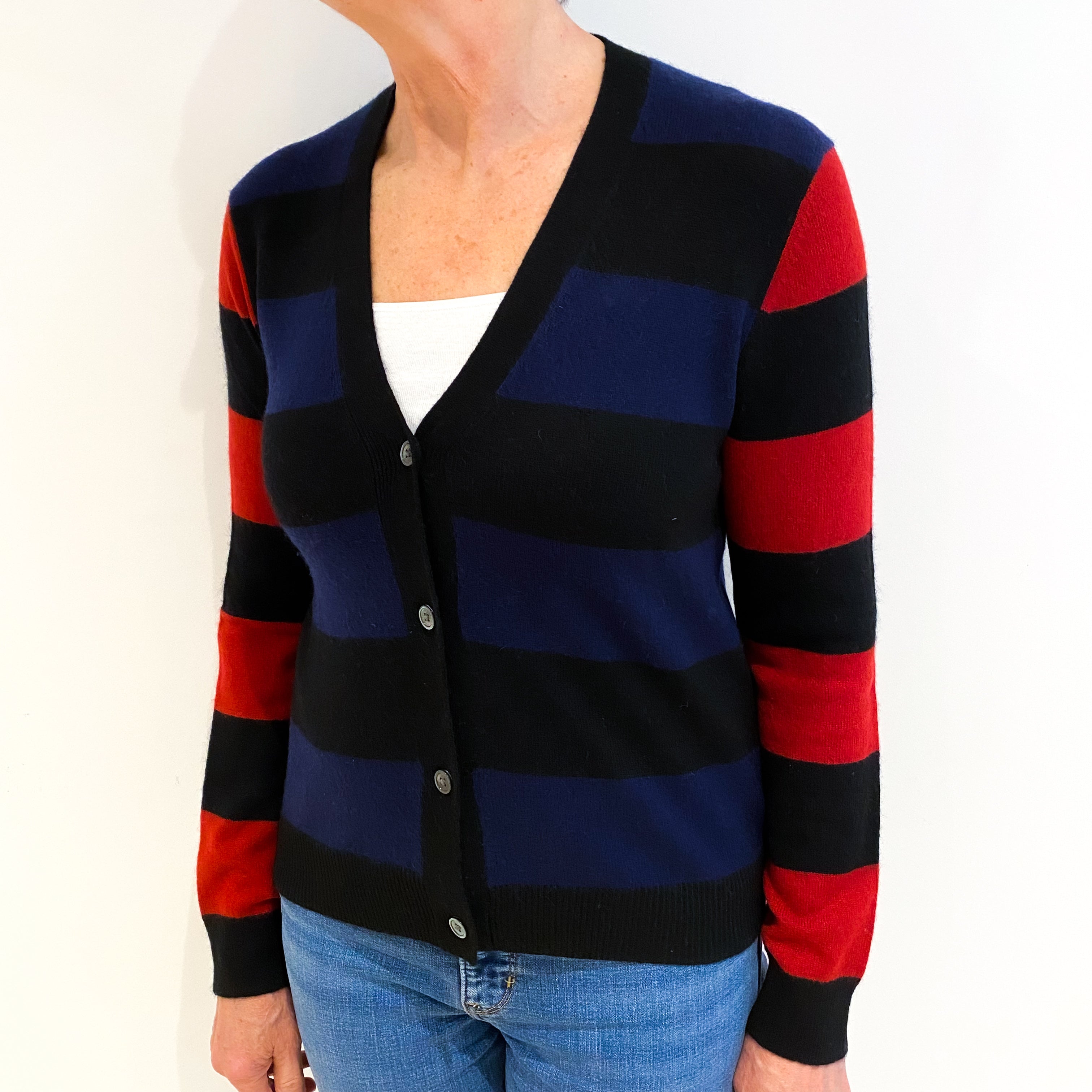 Equipment Black Red Stripe Cashmere V Neck Cardigan Medium