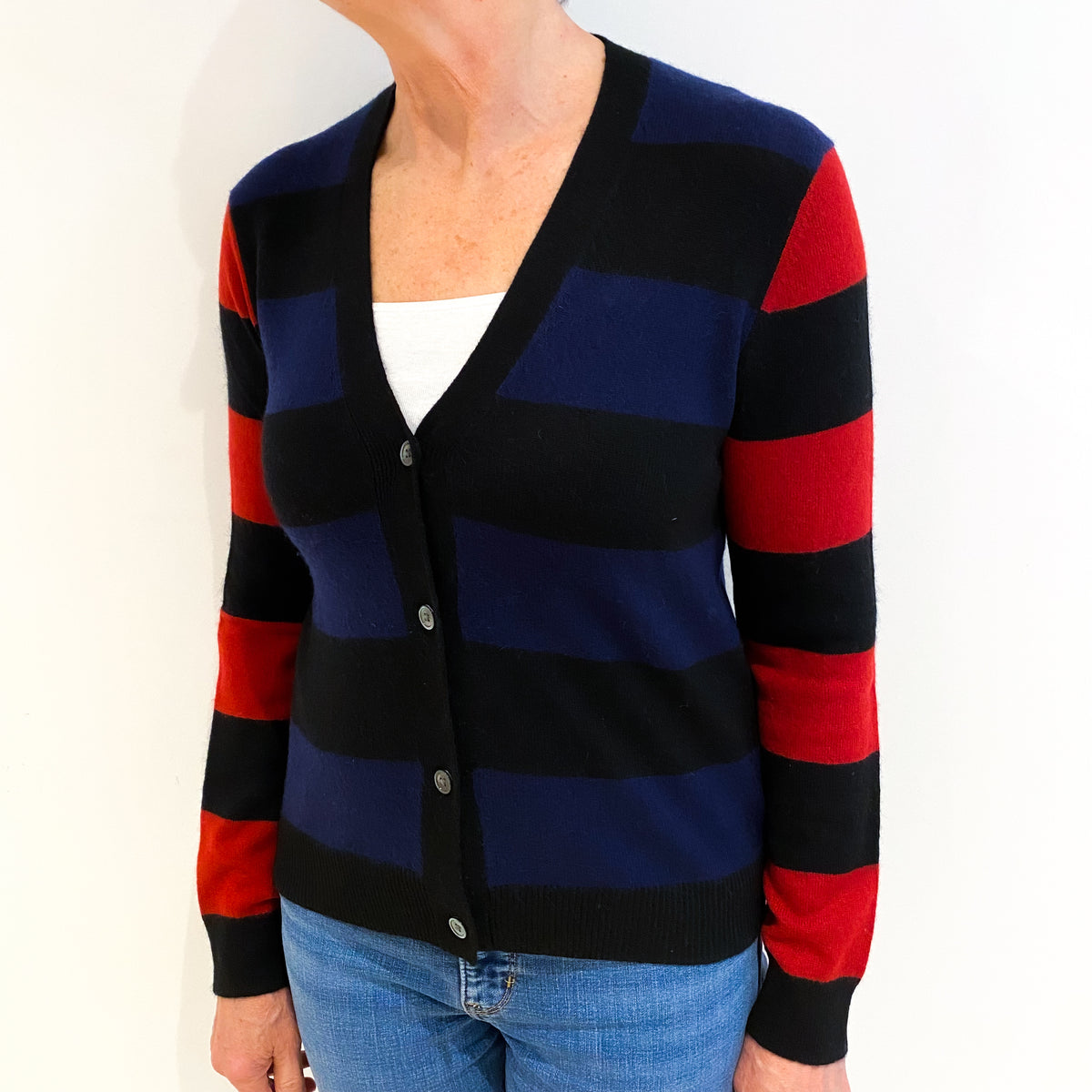Equipment Black Red Stripe Cashmere V Neck Cardigan Medium