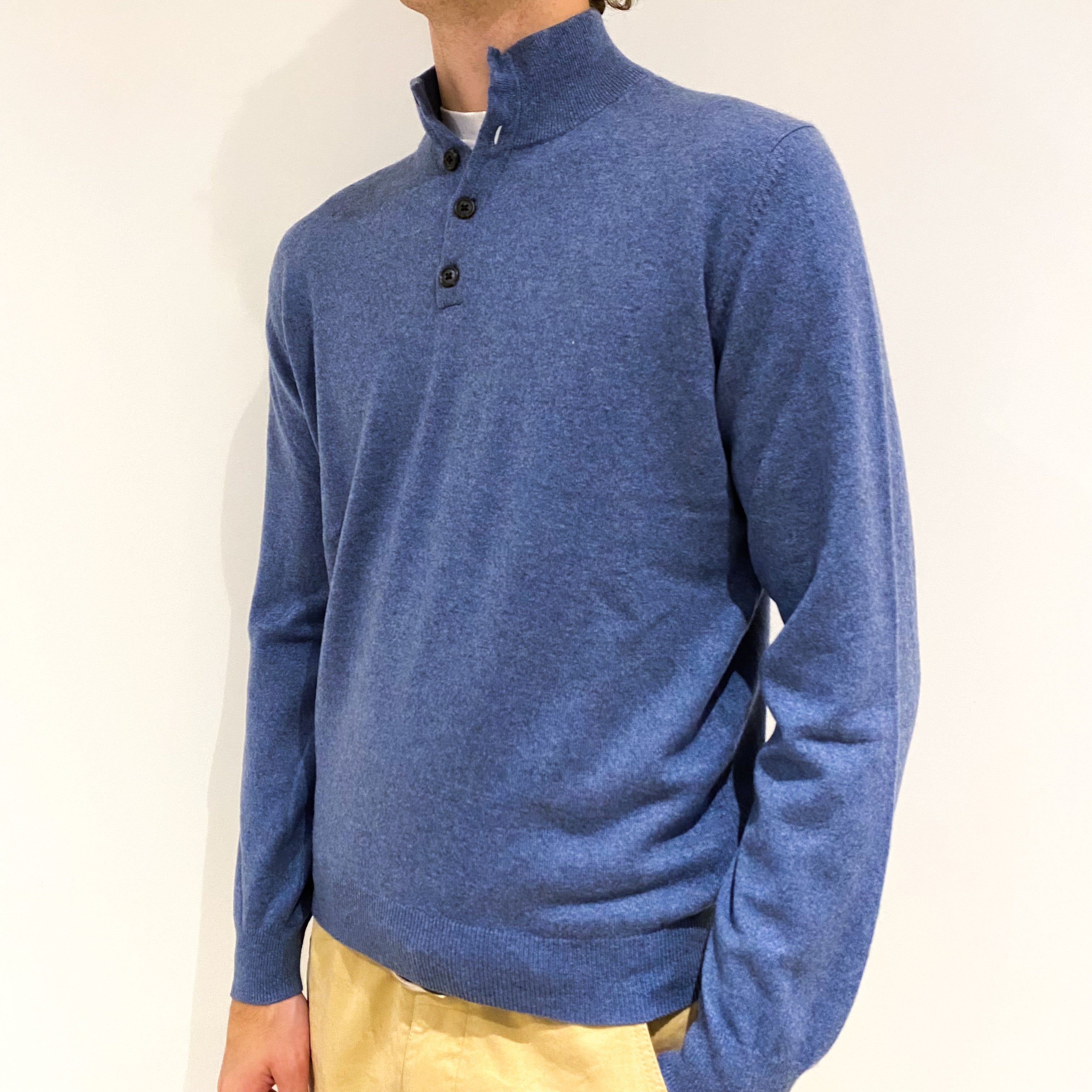 Men's Air Force Blue Cashmere 1/4 Button Jumper Large