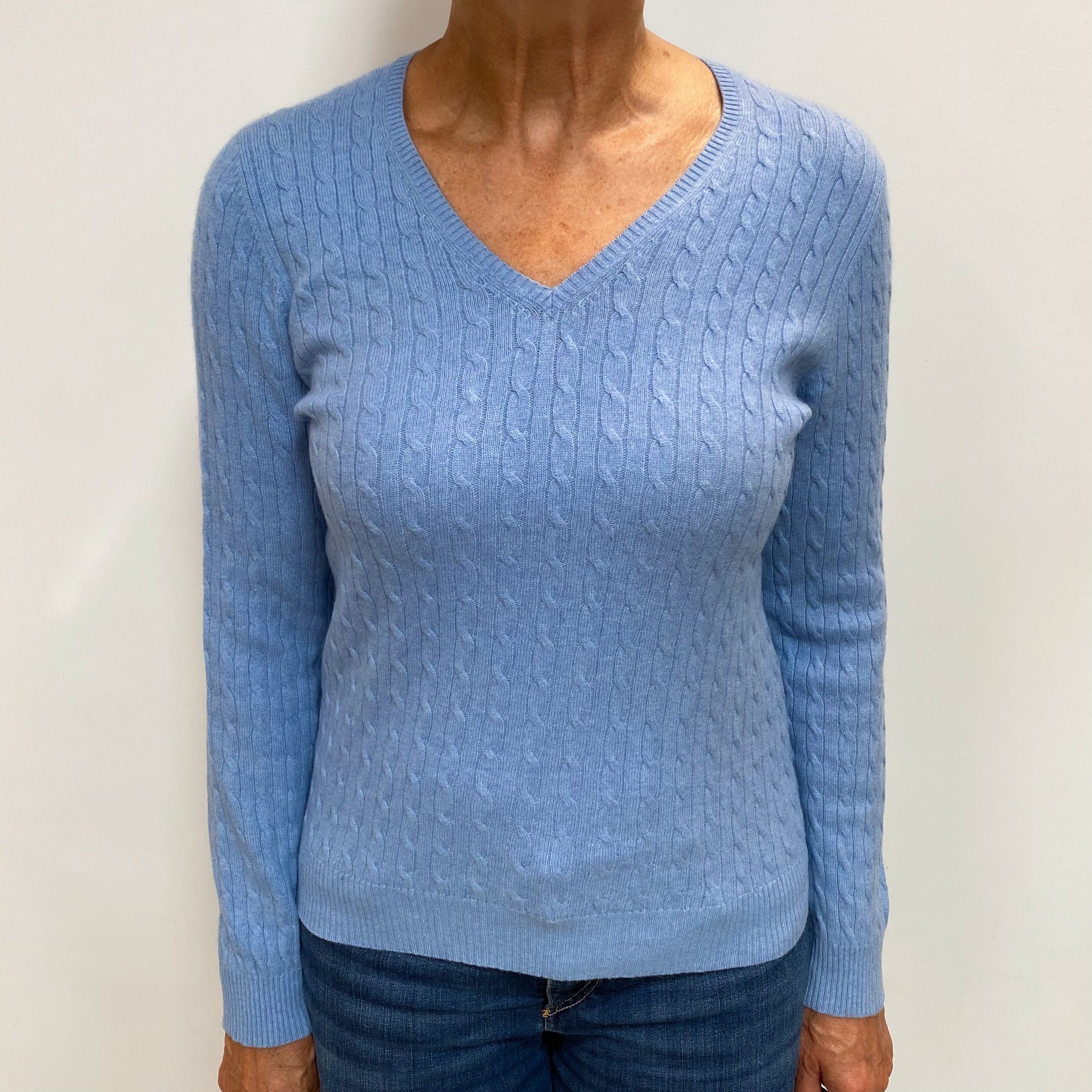 Cornflower Blue Cashmere V Neck Cable Knit Jumper Medium