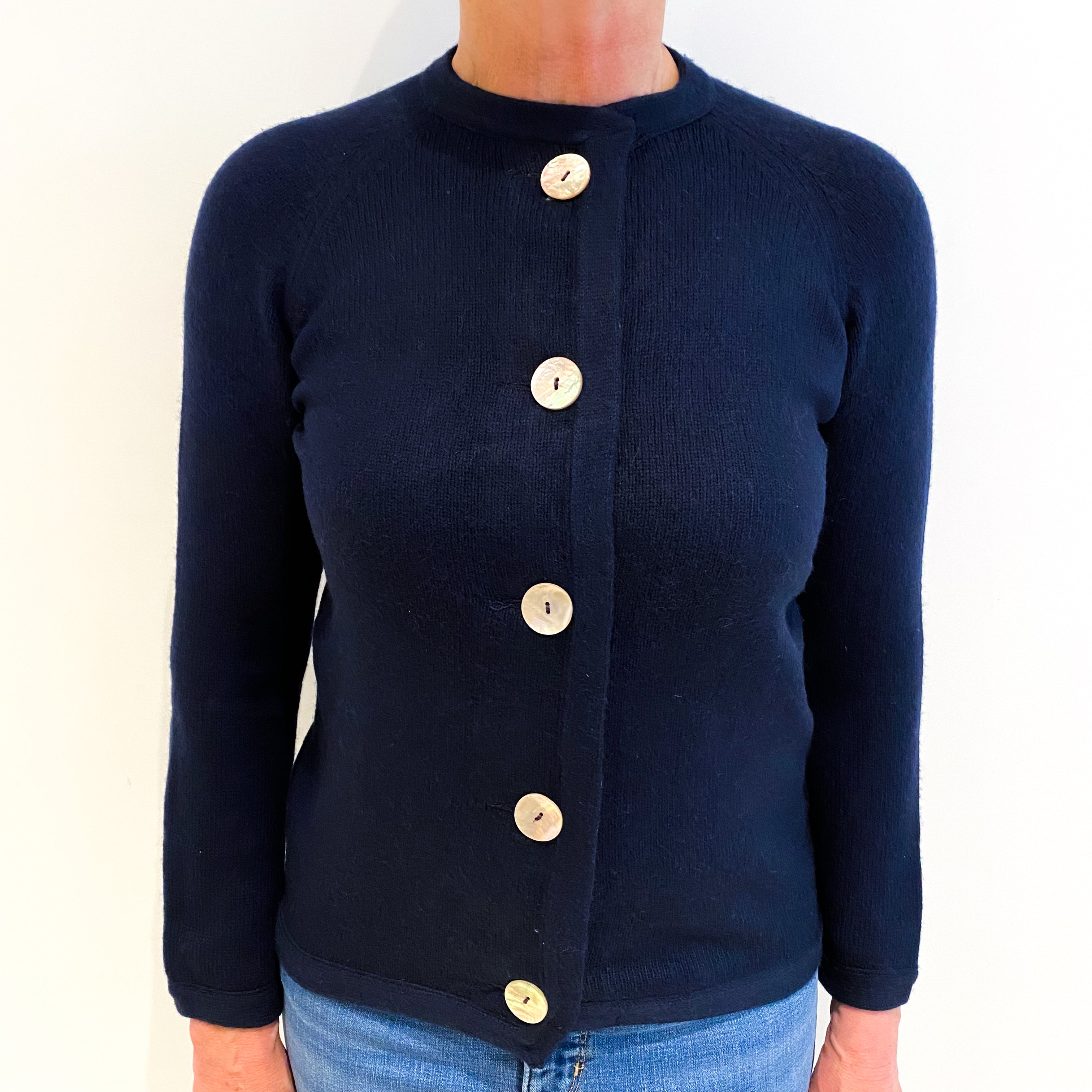 Navy Blue Cashmere Crew Neck Jacket Style Cardigan Medium