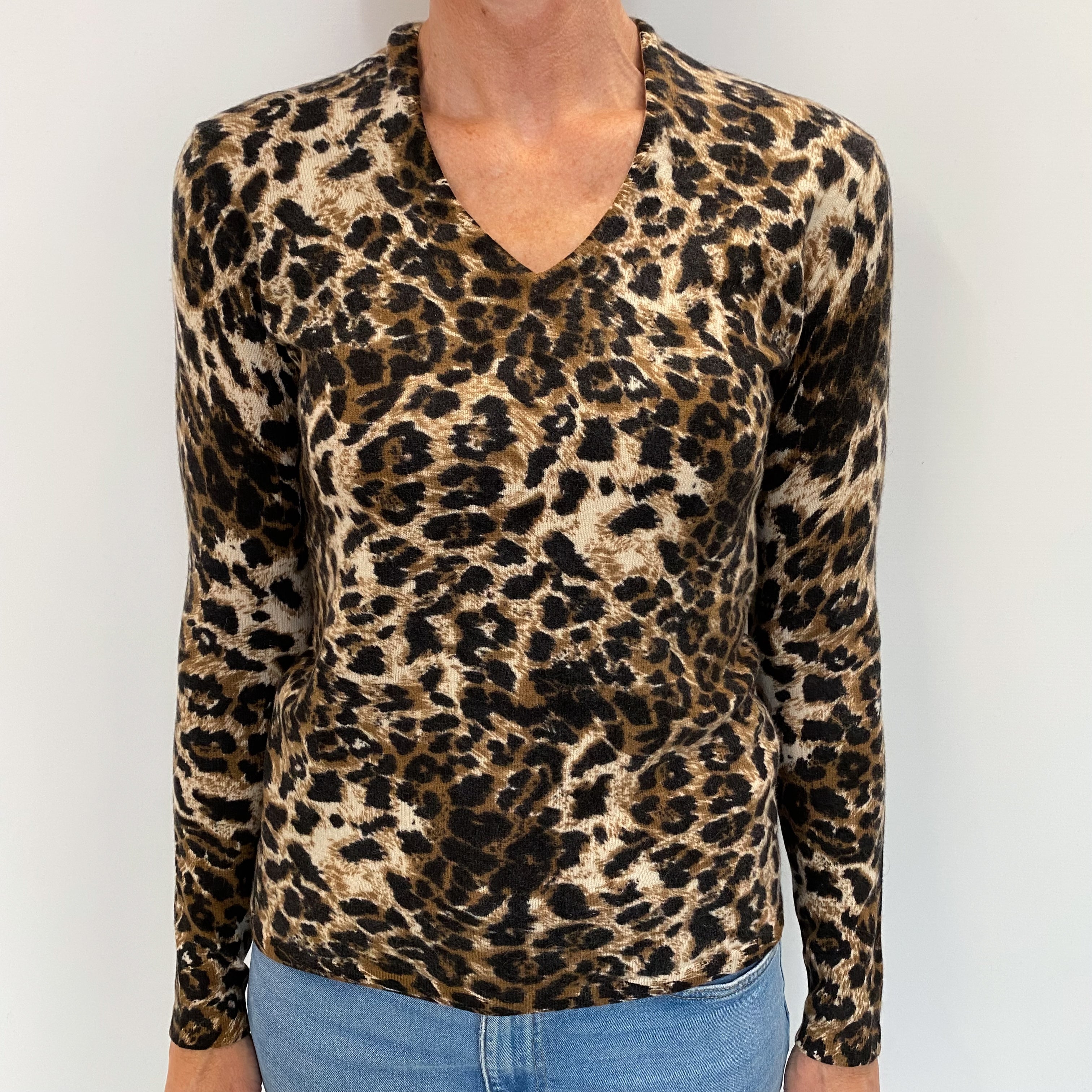 Beige Animal Print Cashmere V Neck Jumper Small