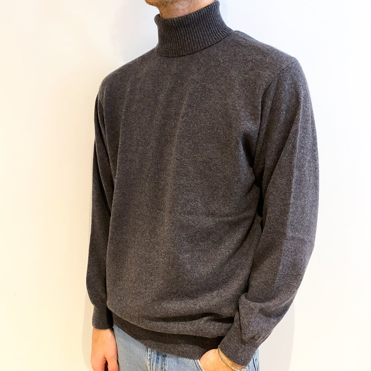 Men's Slate Grey Cashmere Polo Neck Jumper Large