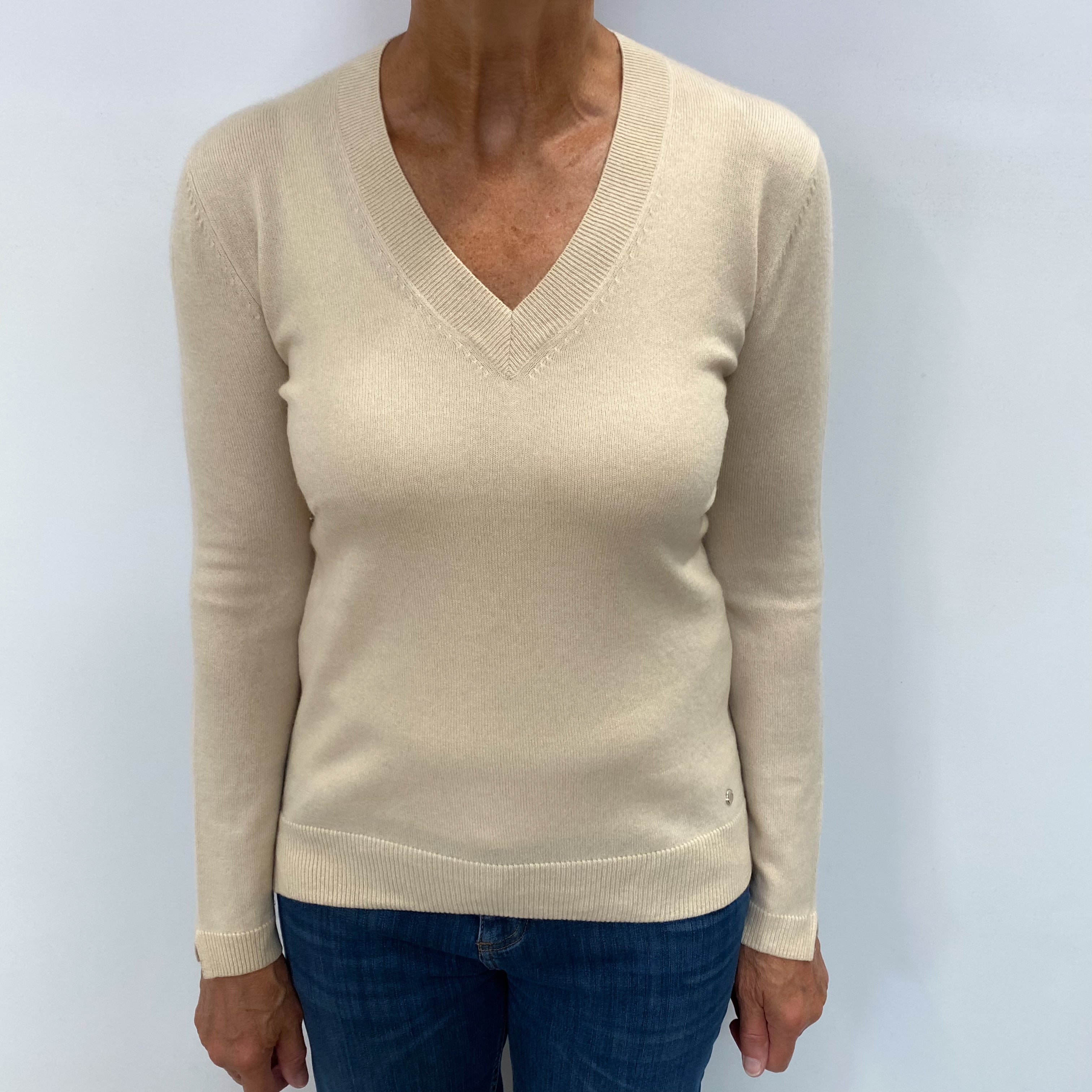 Sand Beige Cashmere V Neck Jumper Medium