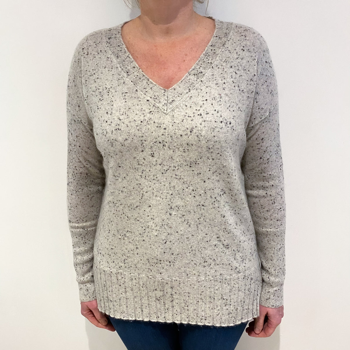 Mist Grey Flecked Cashmere V Neck Jumper Large