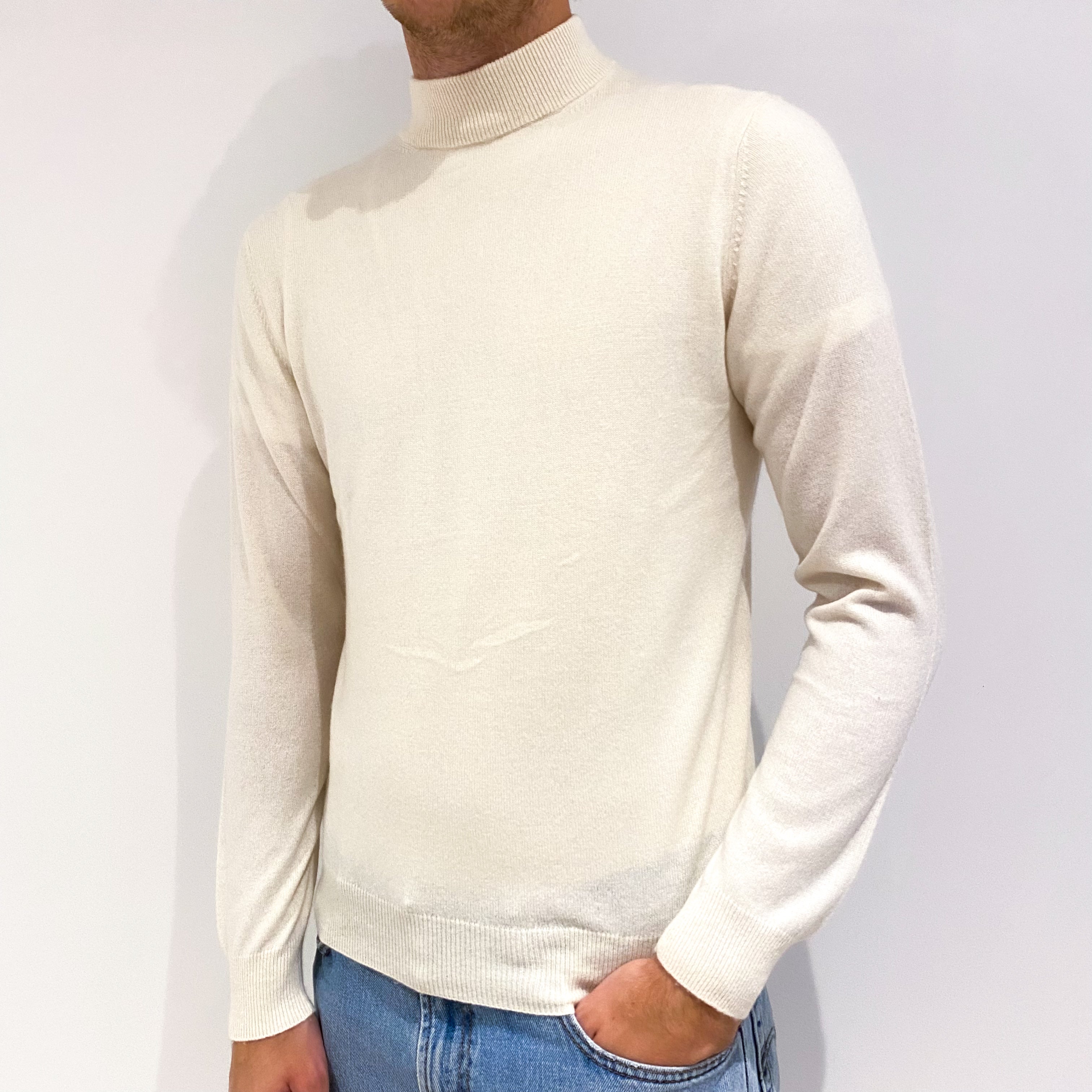 Men's Cream Cashmere Turtle Neck Jumper Medium