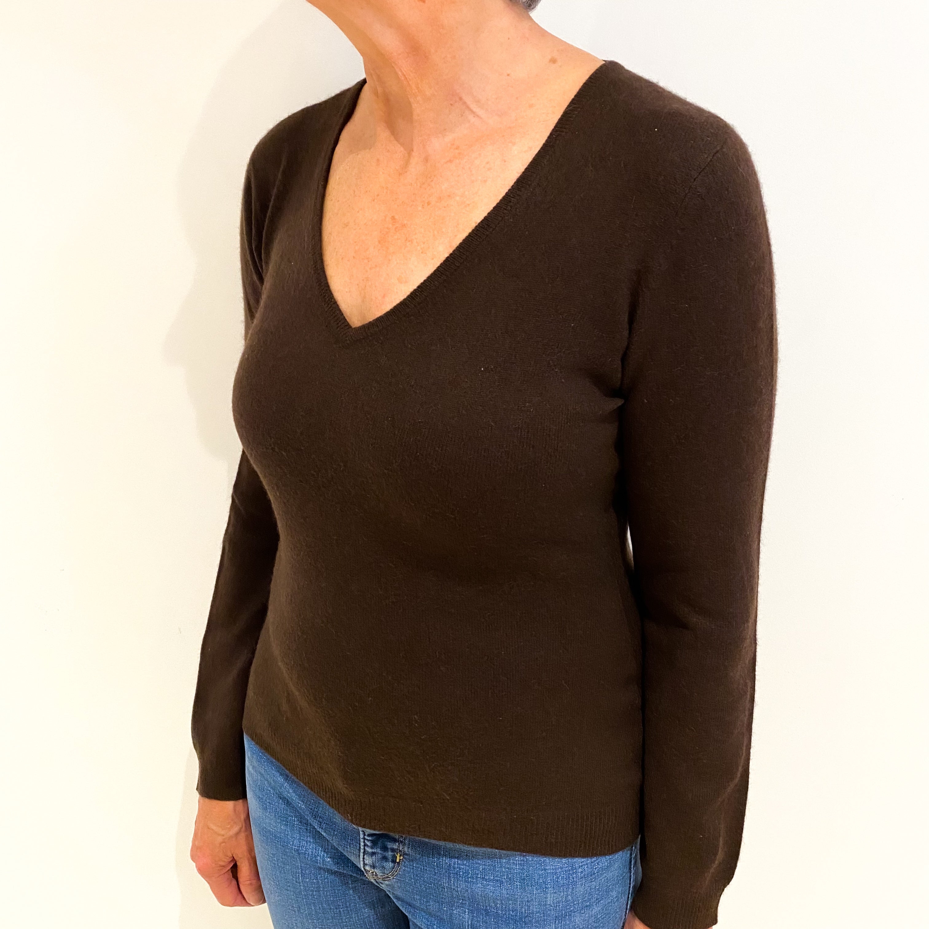 Dark Chocolate Brown Cashmere V Neck Jumper Medium