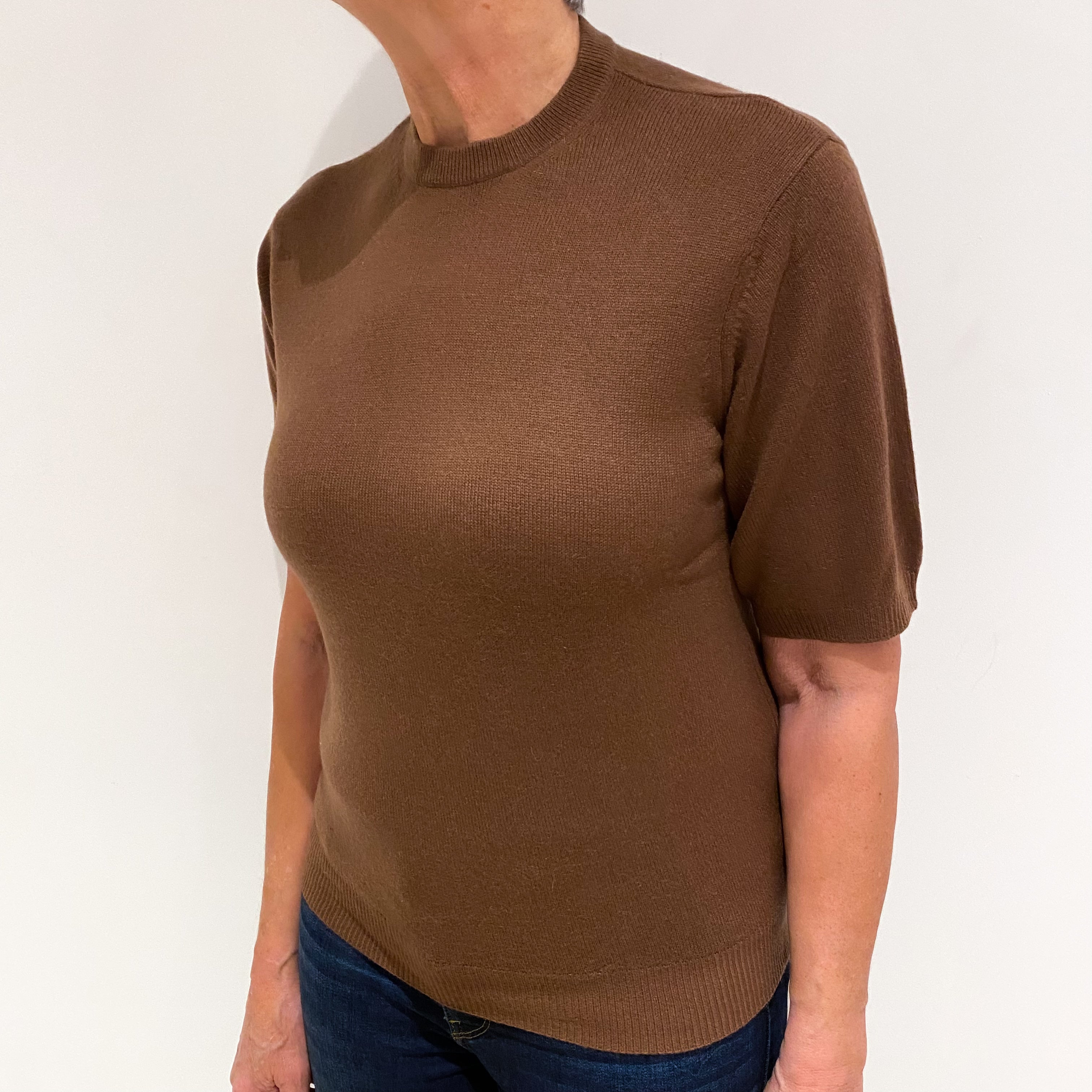 Pecan Brown Cashmere Short Sleeve Crew Neck Jumper Medium