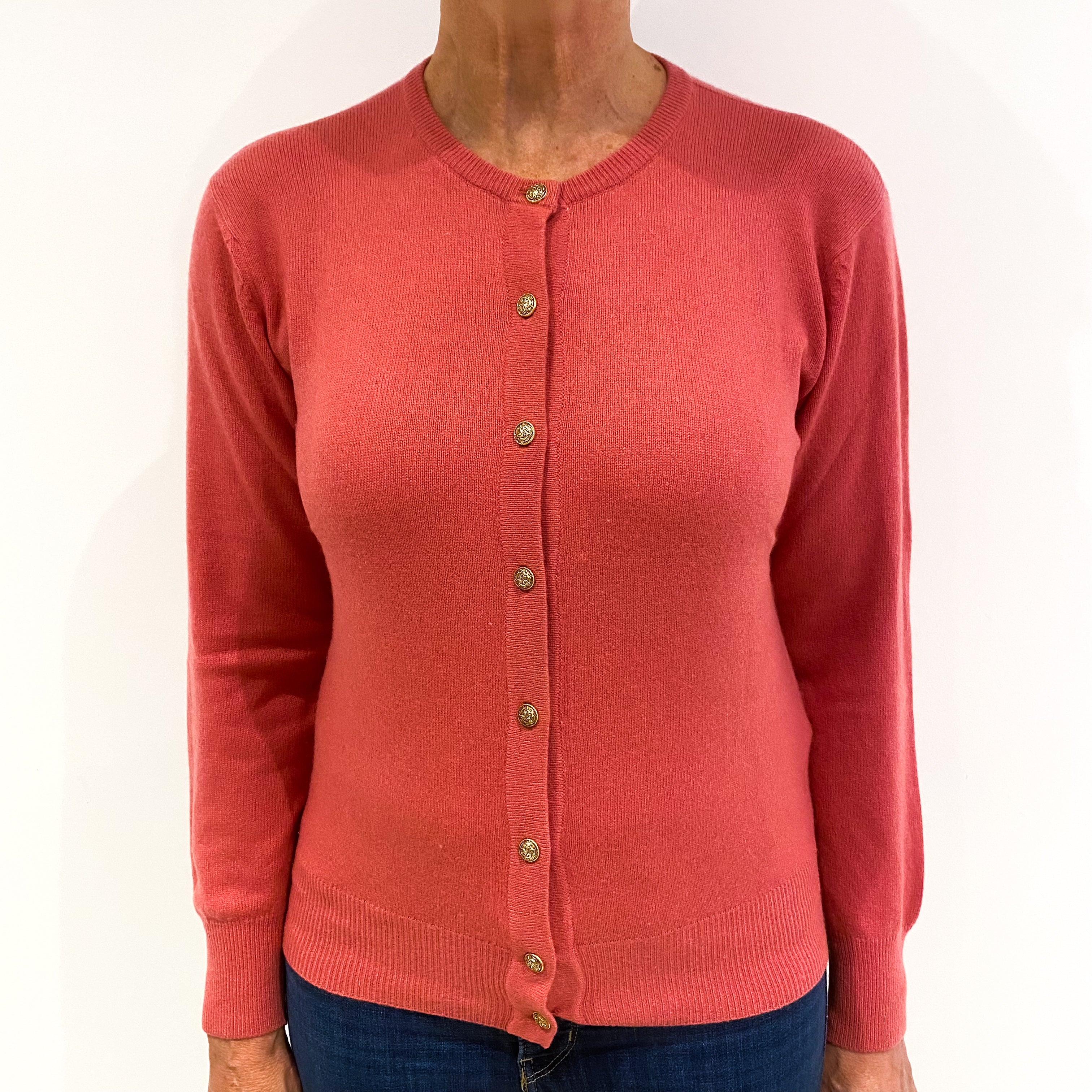 Old Rose Pink Cashmere Crew Neck Cardigan Medium