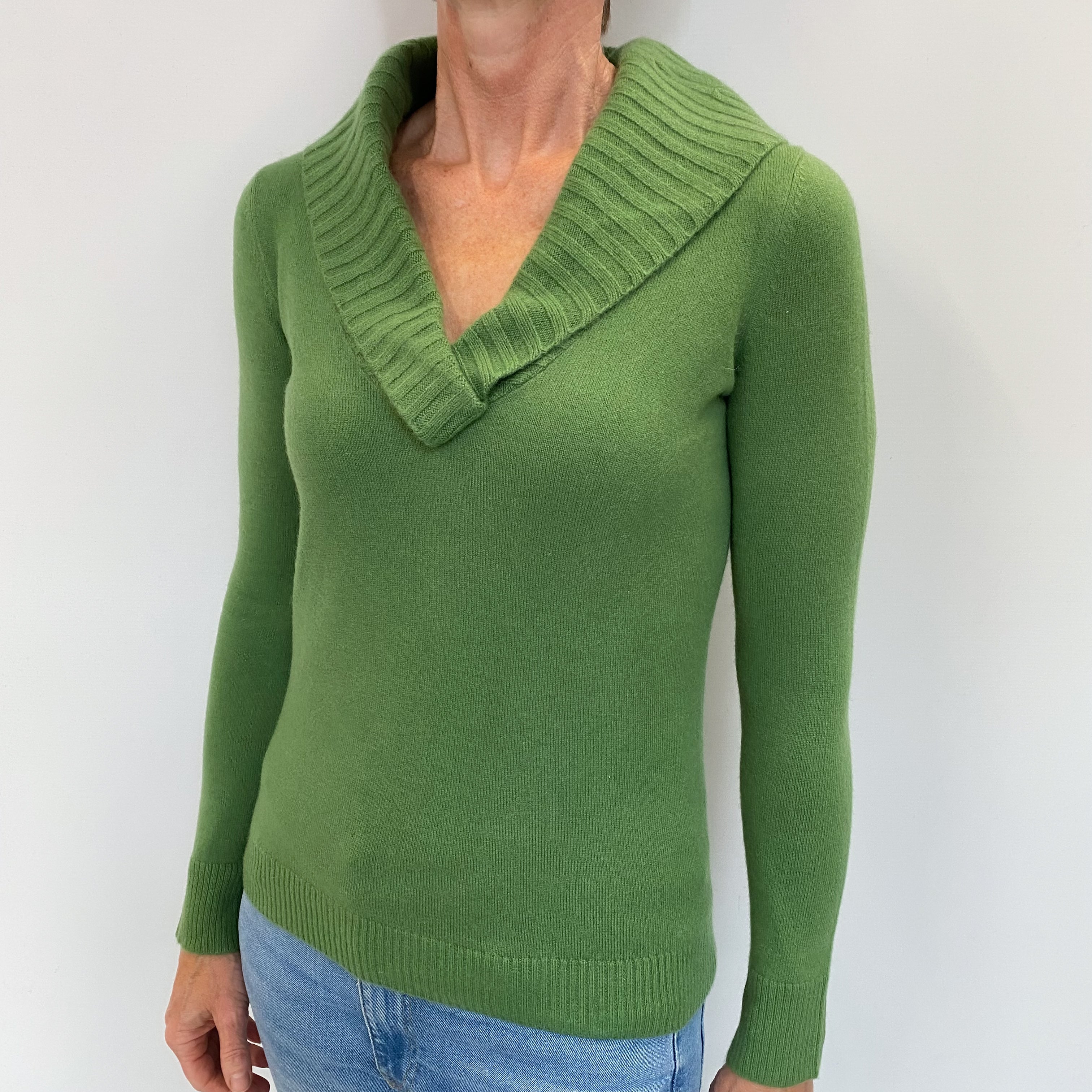Fern Green Cashmere Shawl V Neck Jumper Small