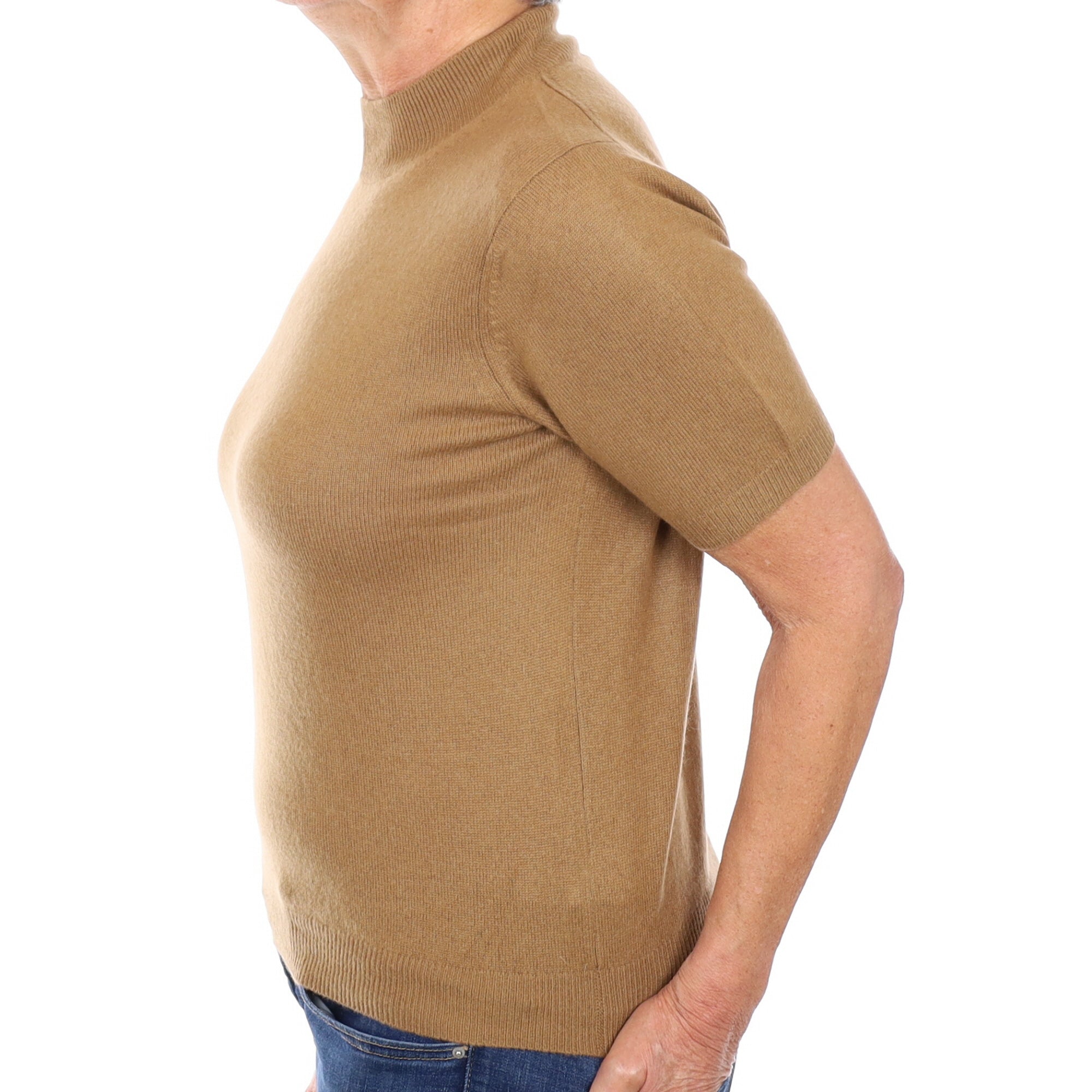 Toffee Brown Cashmere Short Sleeve Turtle Neck Jumper Medium