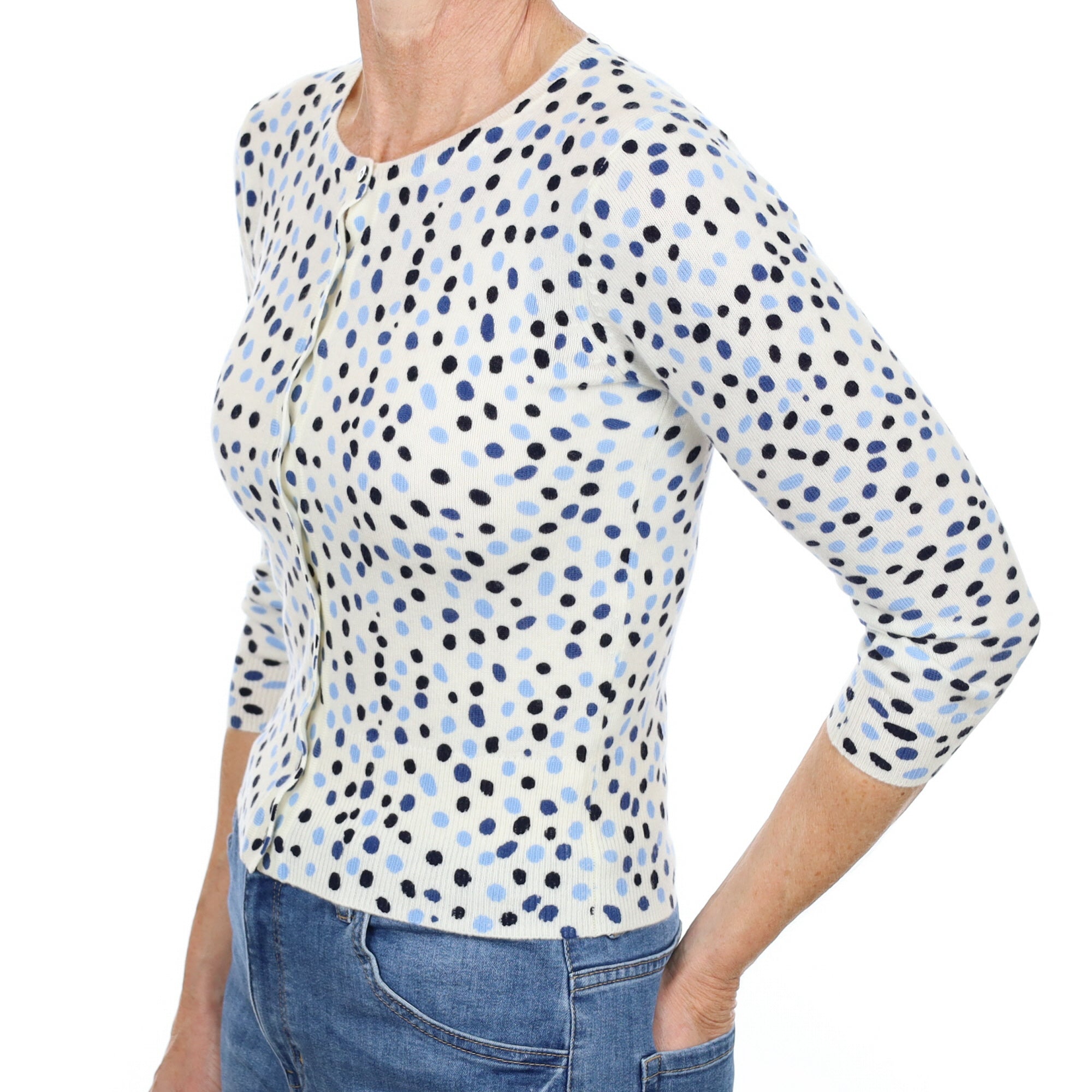 New Cream and Blue Dotty Cashmere Crew Neck Cardigan Small