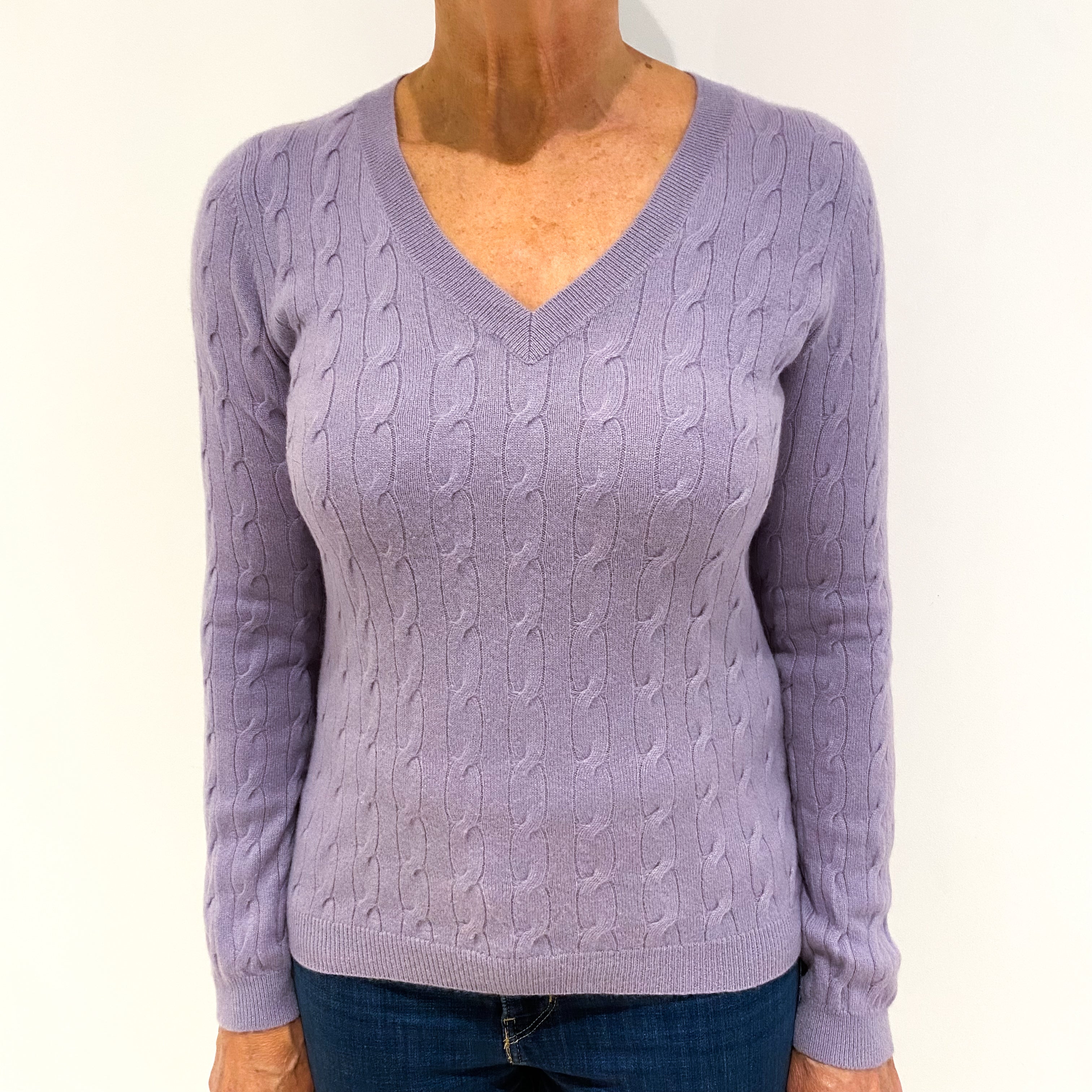 Lavender Purple Cashmere Cable Knit V-Neck Jumper Medium