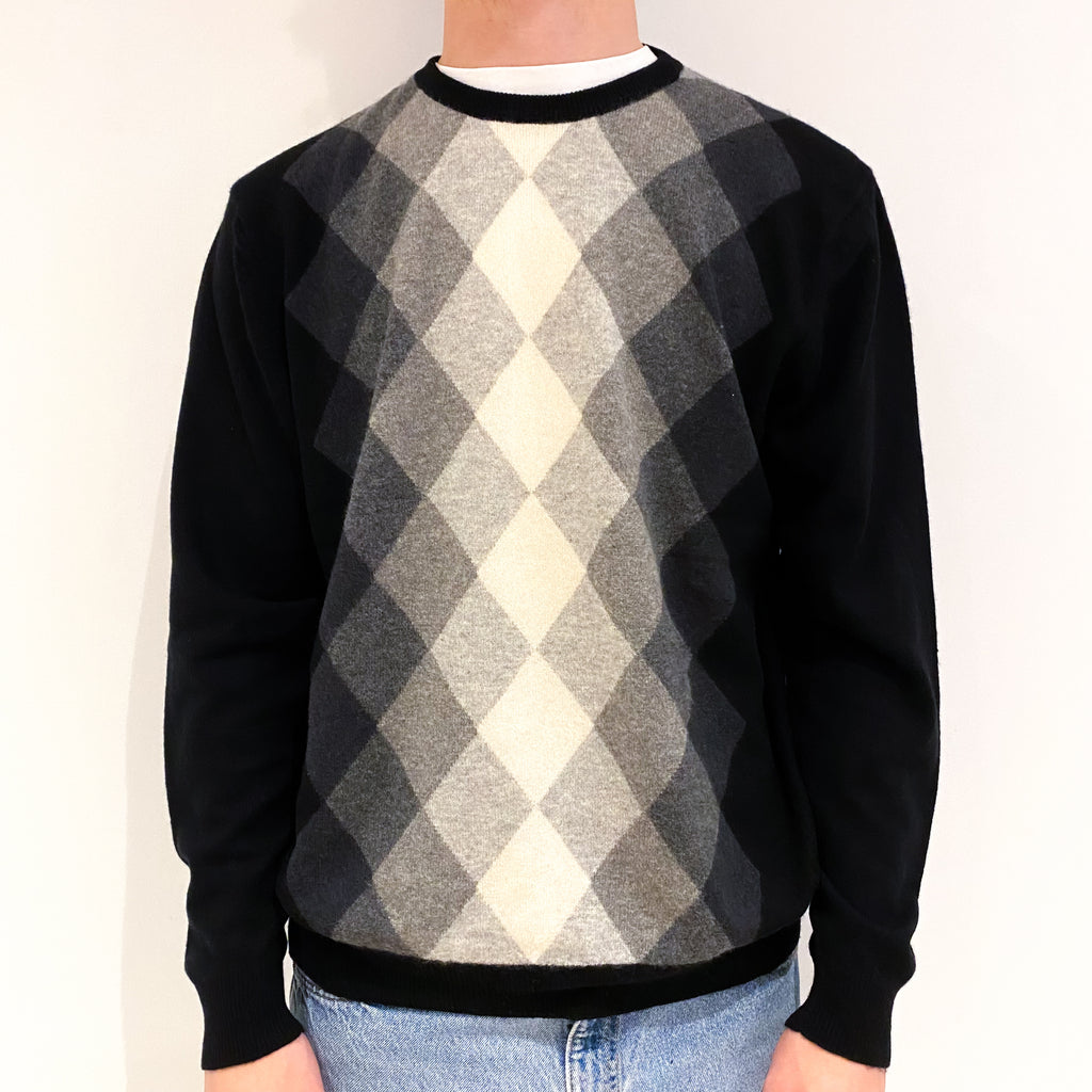 Men's Black and Grey Diamond Cashmere Crew Neck Jumper Large