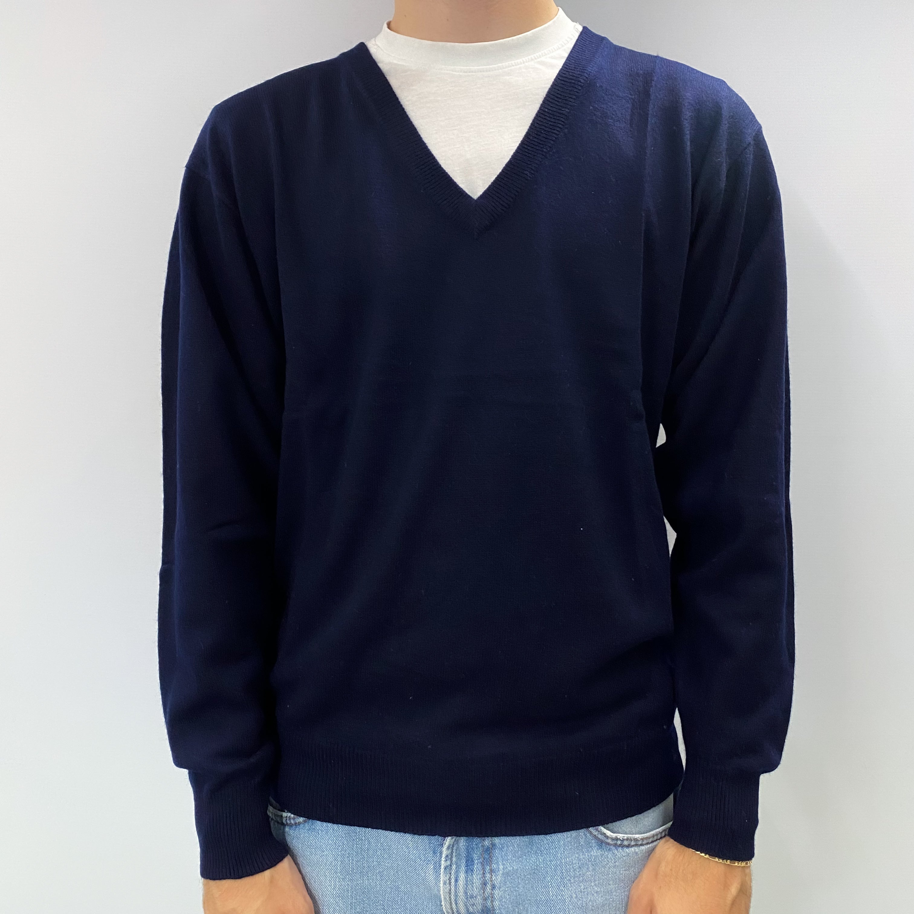 Men's Navy Blue Cashmere V Neck Jumper Large
