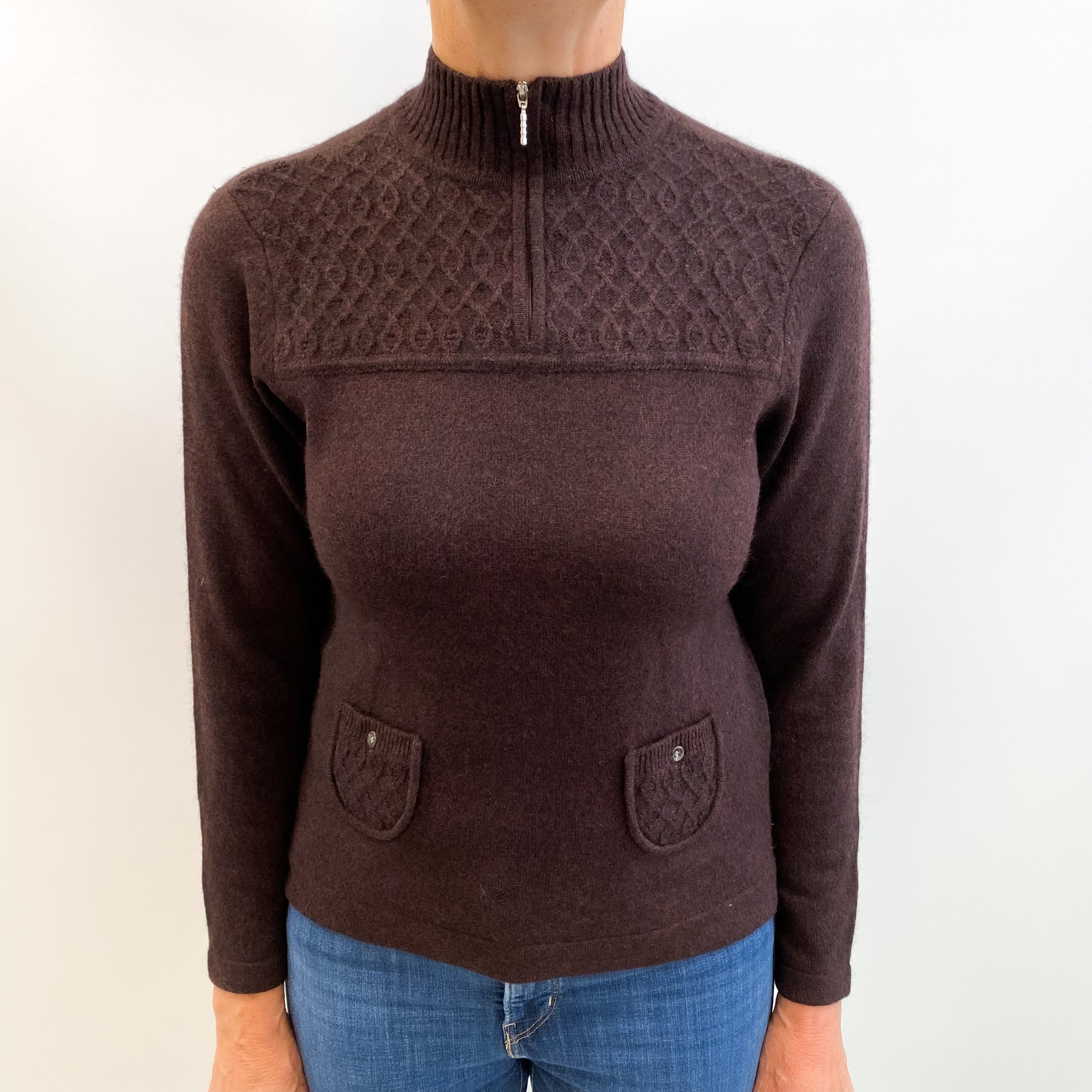 Dark Chocolate Brown Cashmere 1/4 Zip Turtle Neck Jumper Medium
