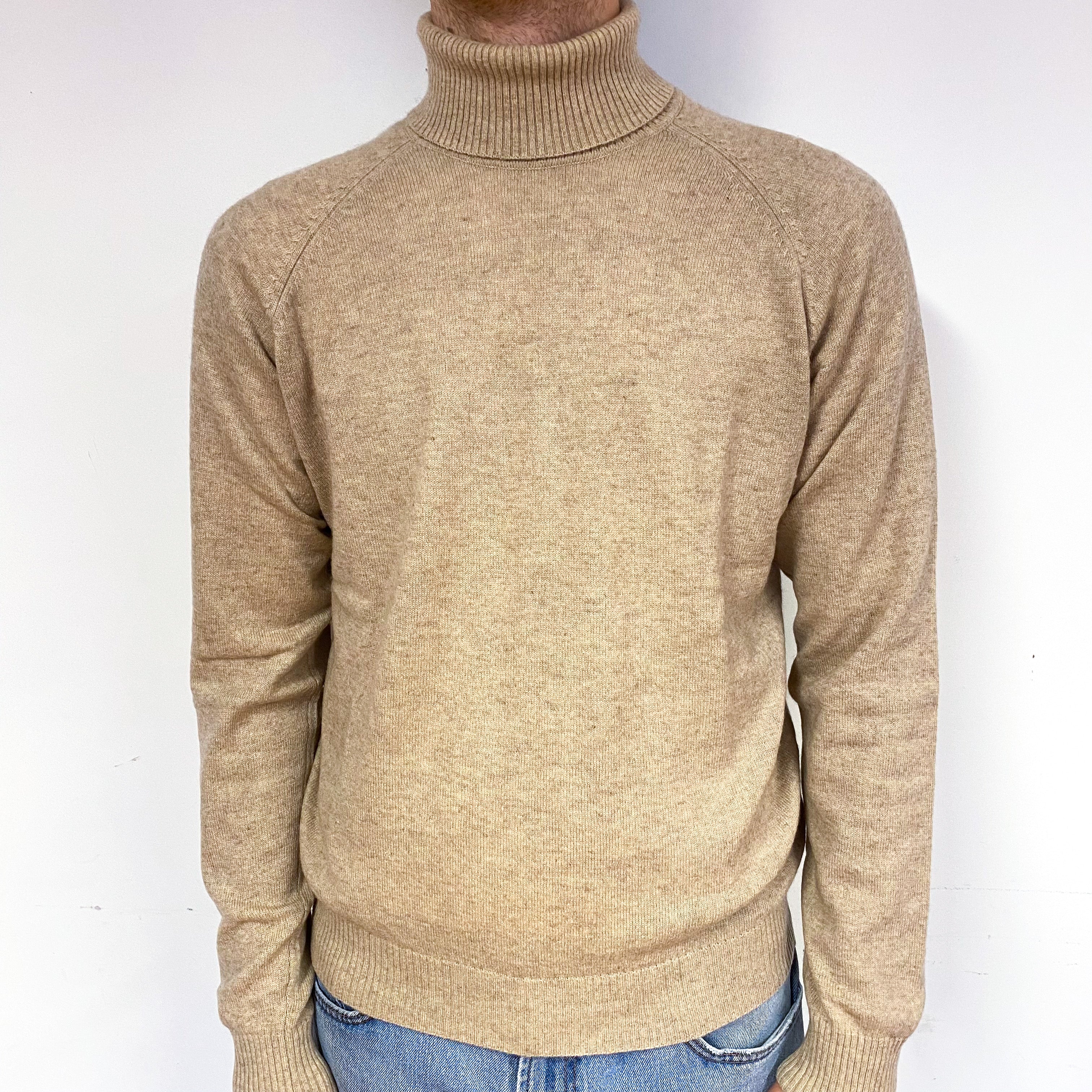 Men's Biscuit Brown Cashmere Polo Neck Jumper Large
