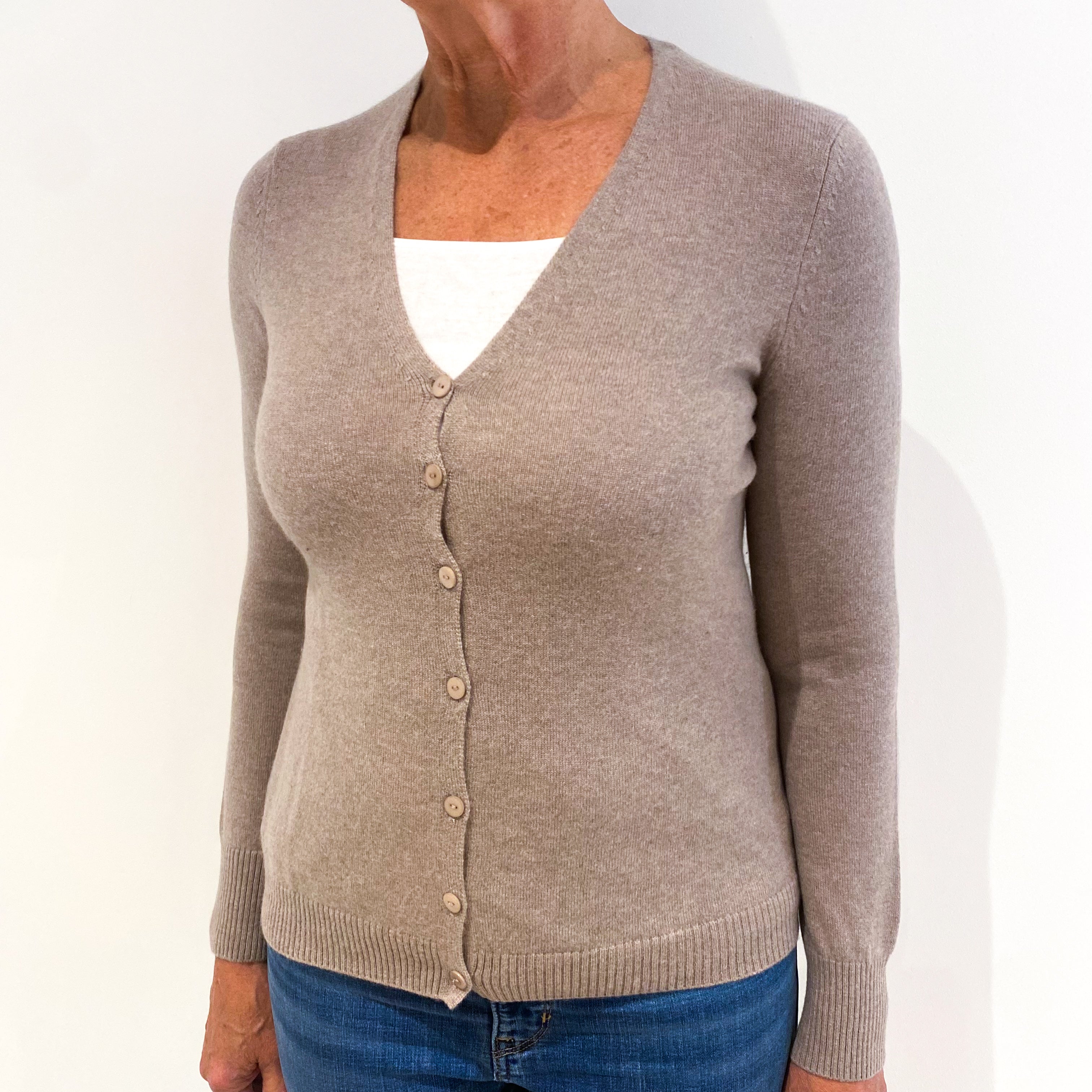 Taupe Brown Cashmere V-Neck Cardigan Medium
