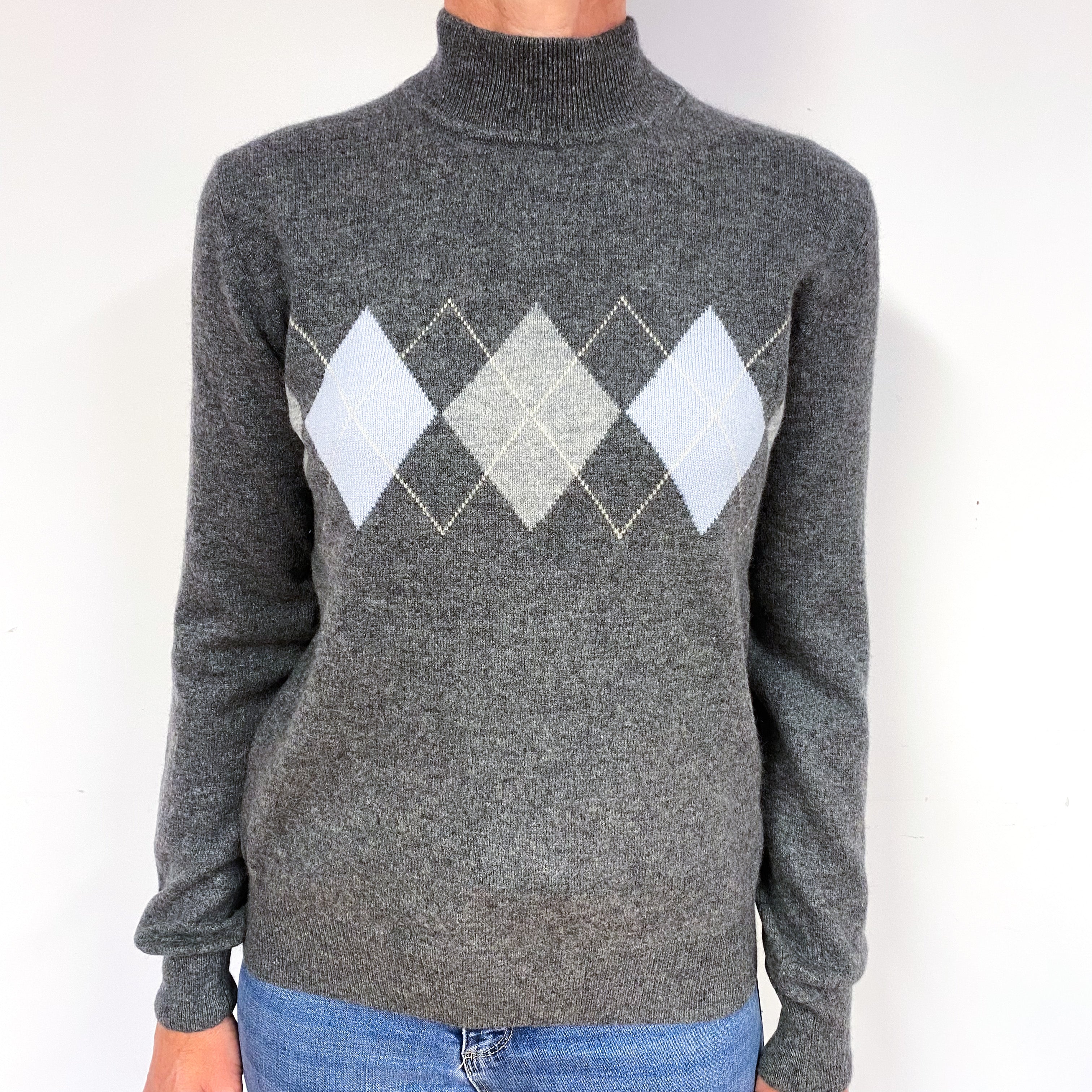 Slate Grey Diamond Cashmere Turtle Neck Jumper Medium