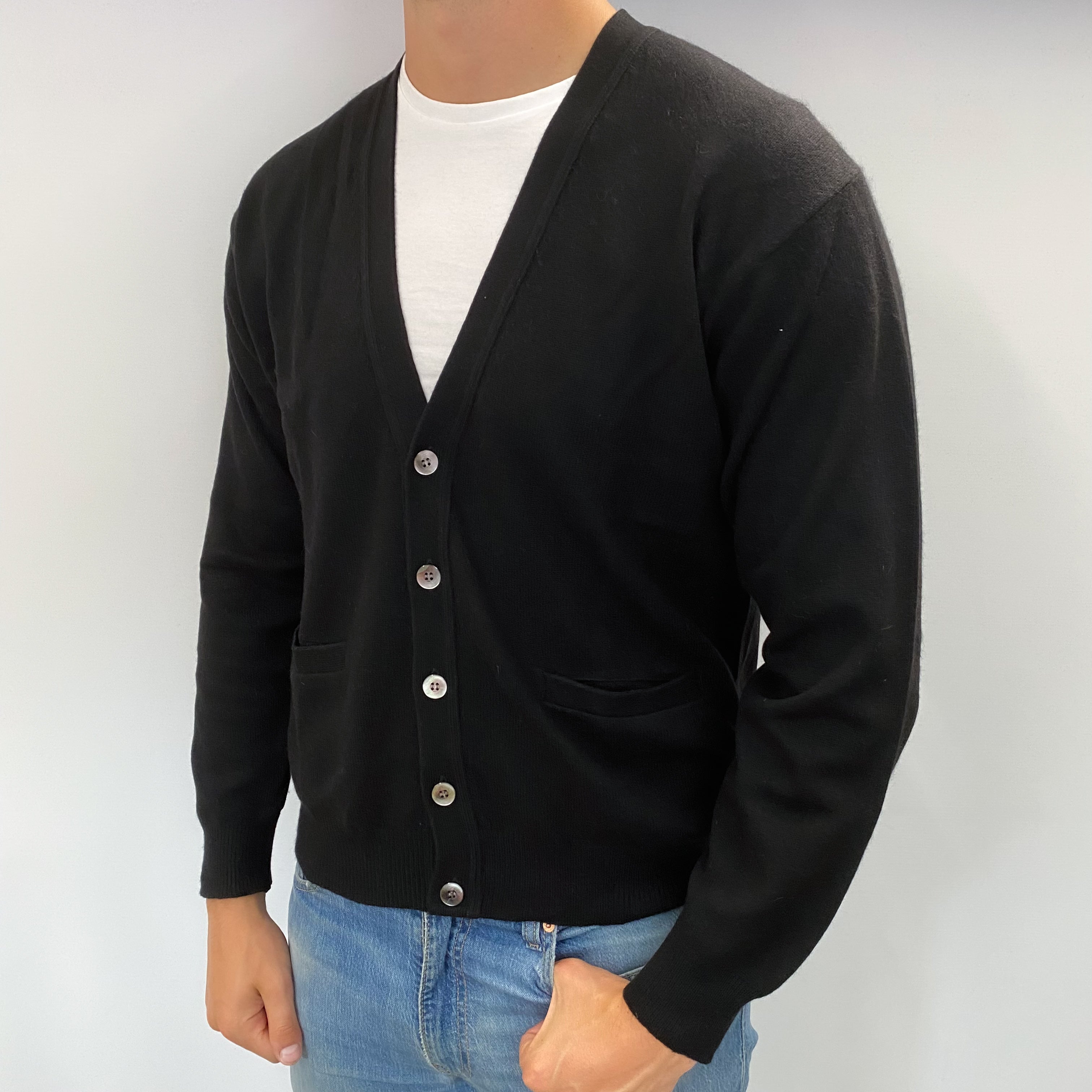 Men's Black Cashmere V Neck Cardigan XL
