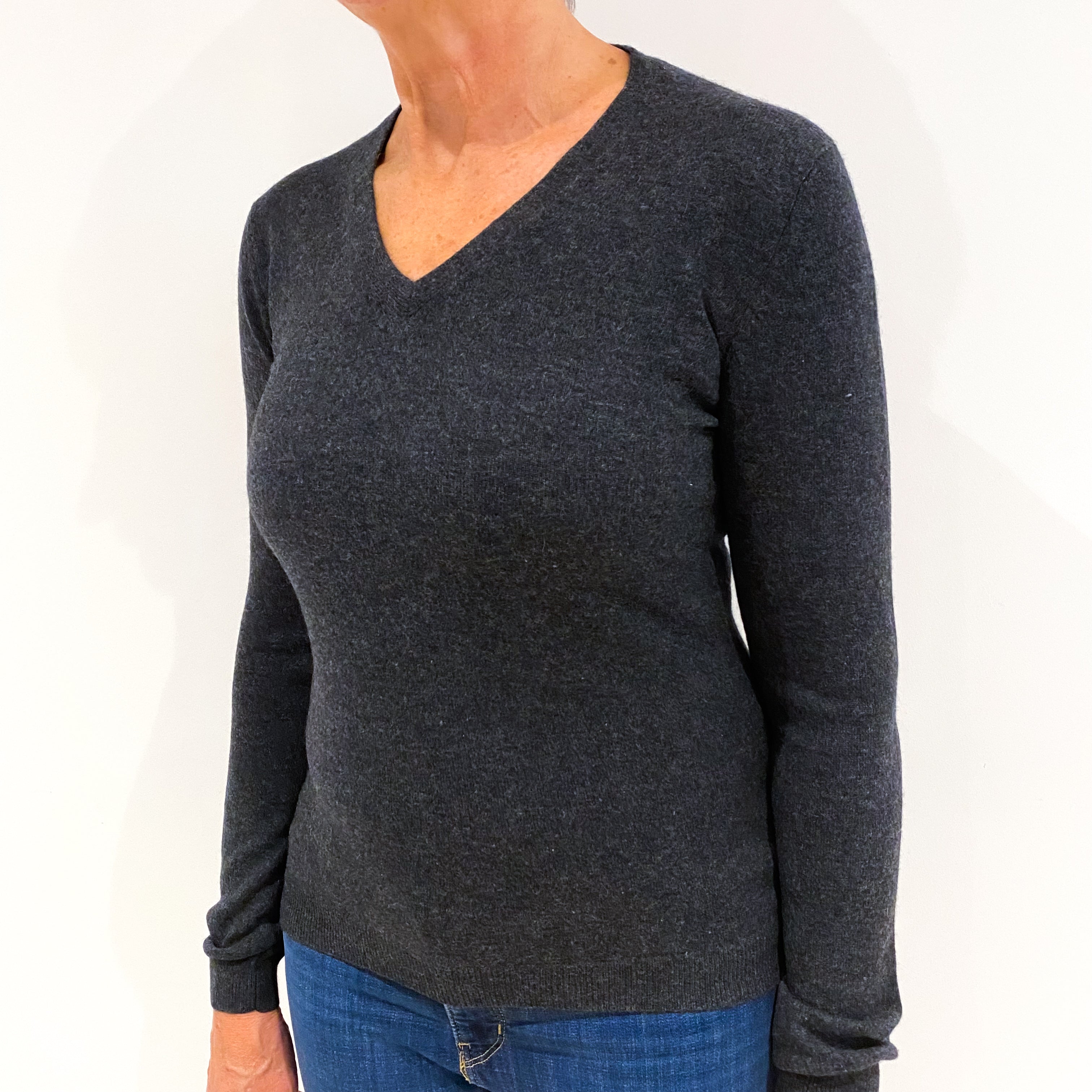Charcoal Grey Cashmere V-Neck Jumper Medium