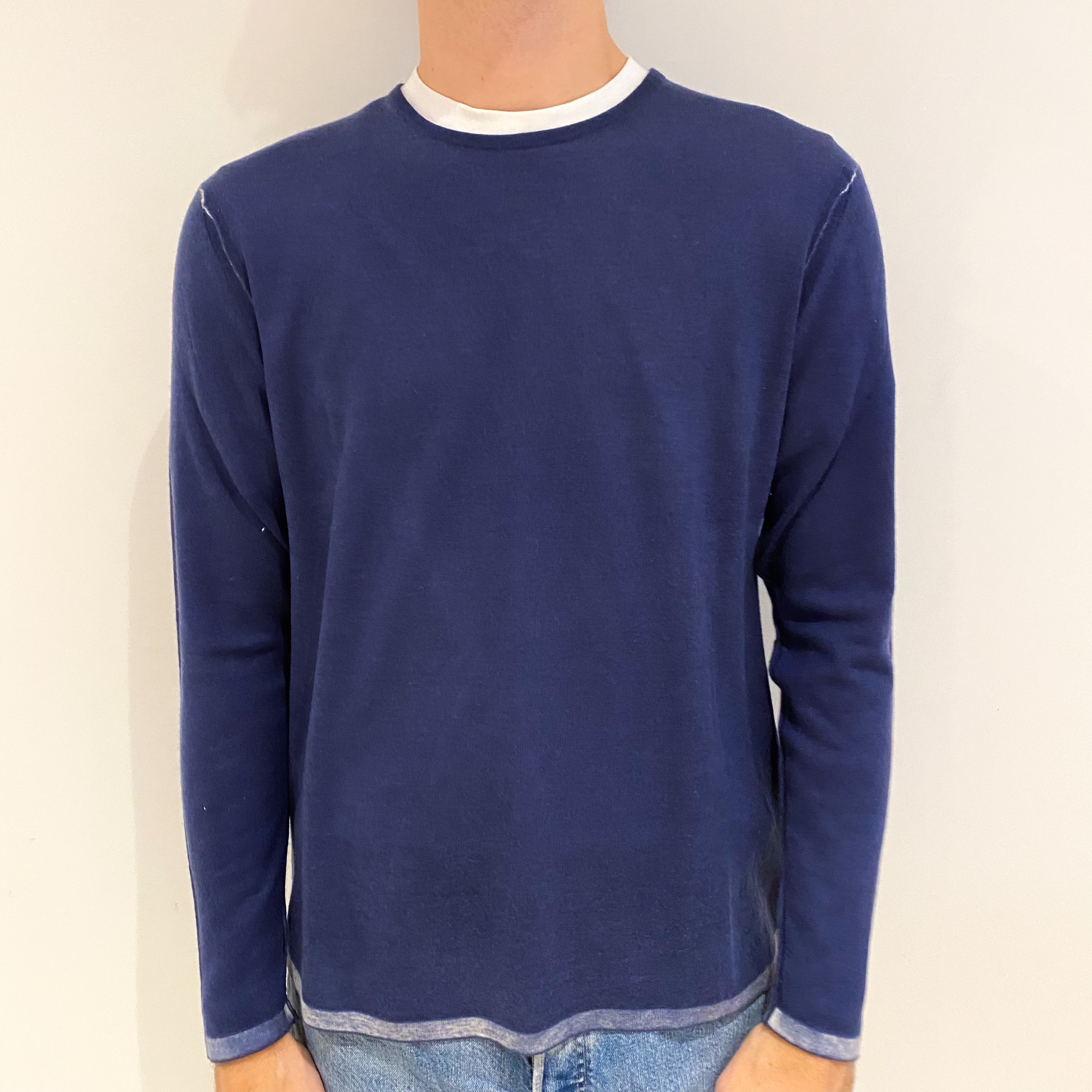 Men's Naval Blue Fine Knit Cashmere Crew Neck Jumper Medium