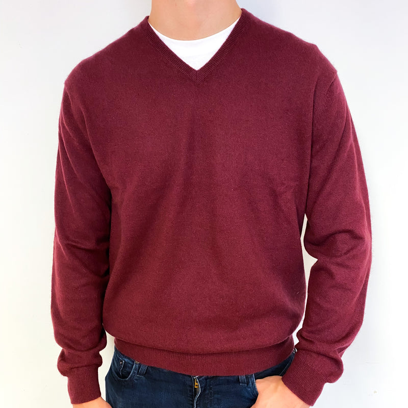 Men's Burgundy Red Cashmere V-Neck Jumper Extra Large