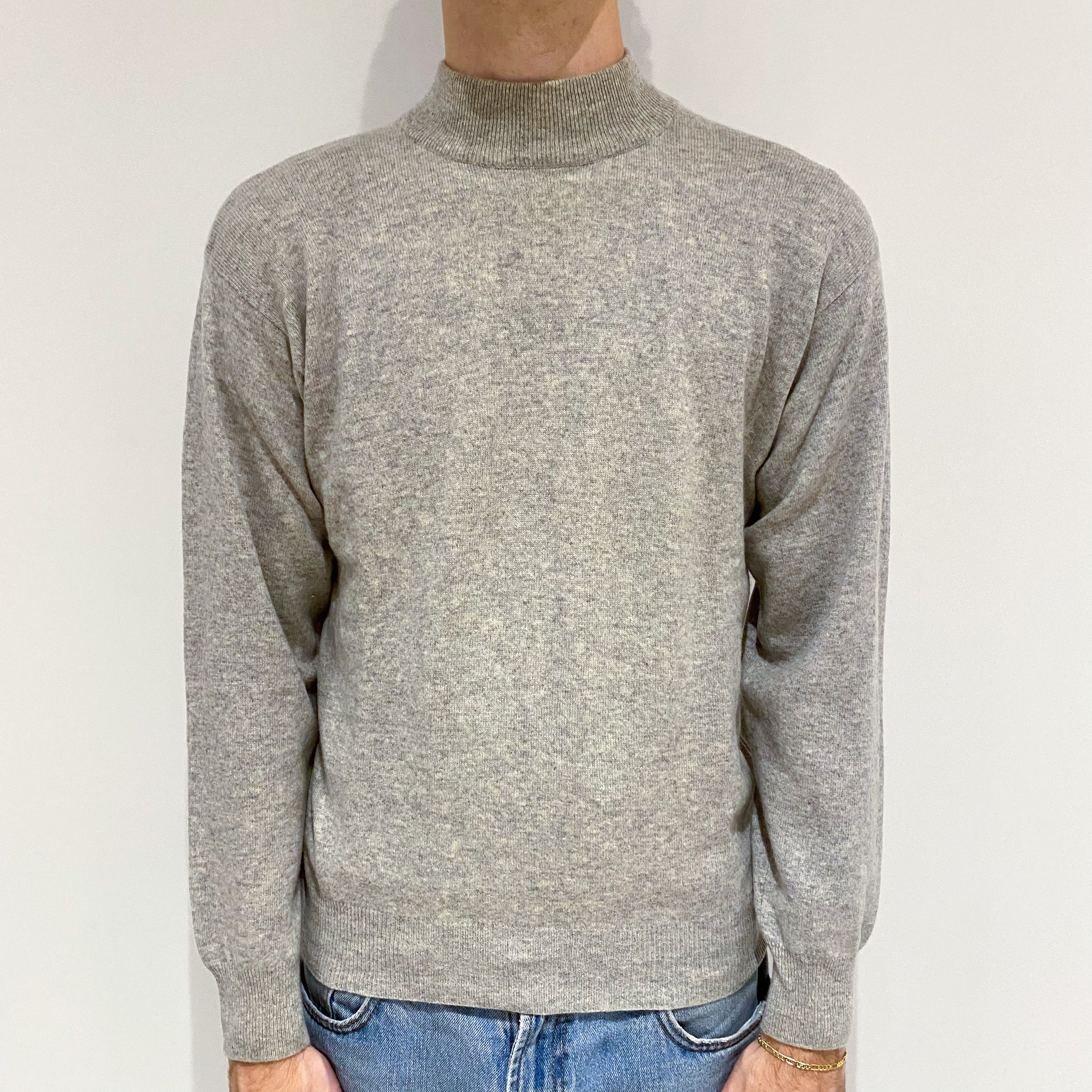 Men's Mist Grey Cashmere Turtle Neck Jumper Large