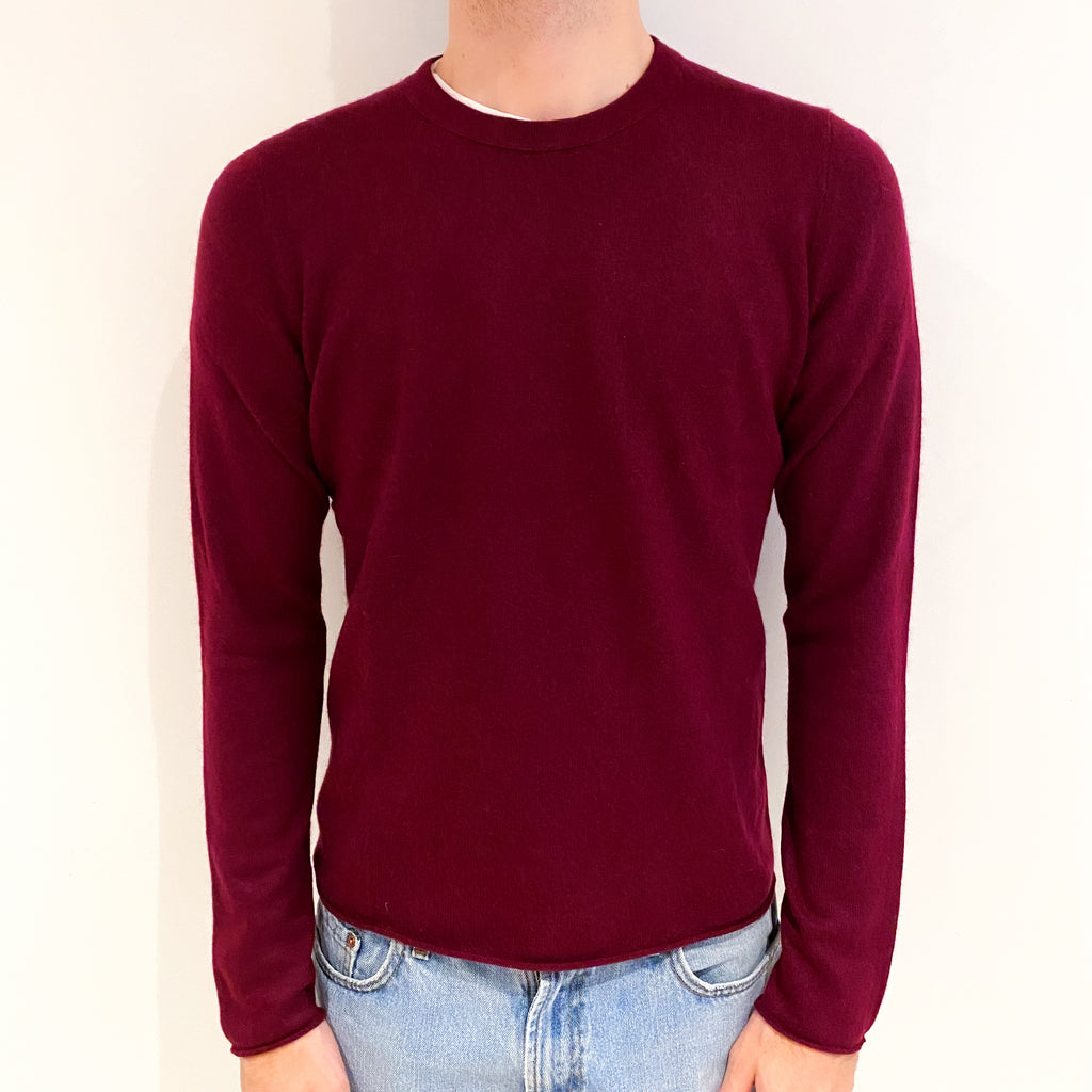 Men's Burgundy Red Cashmere Crew Neck Jumper Medium