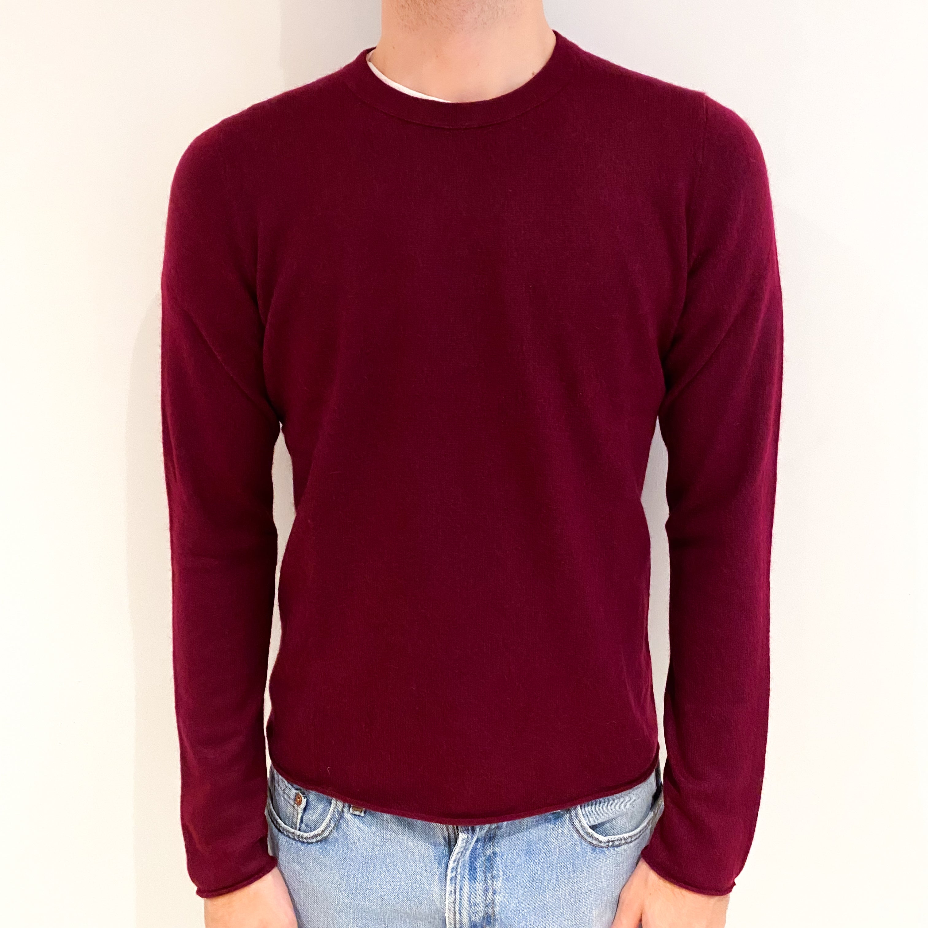 Men's Burgundy Red Cashmere Crew Neck Jumper Medium