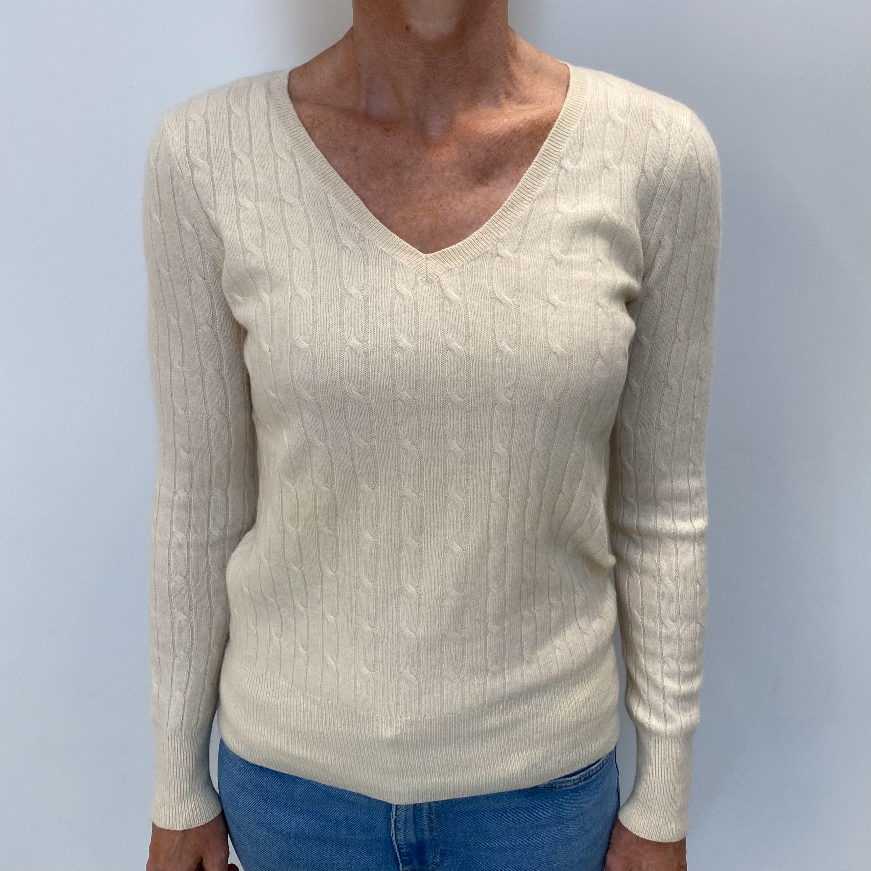 Ivory Cashmere V Neck Jumper Small
