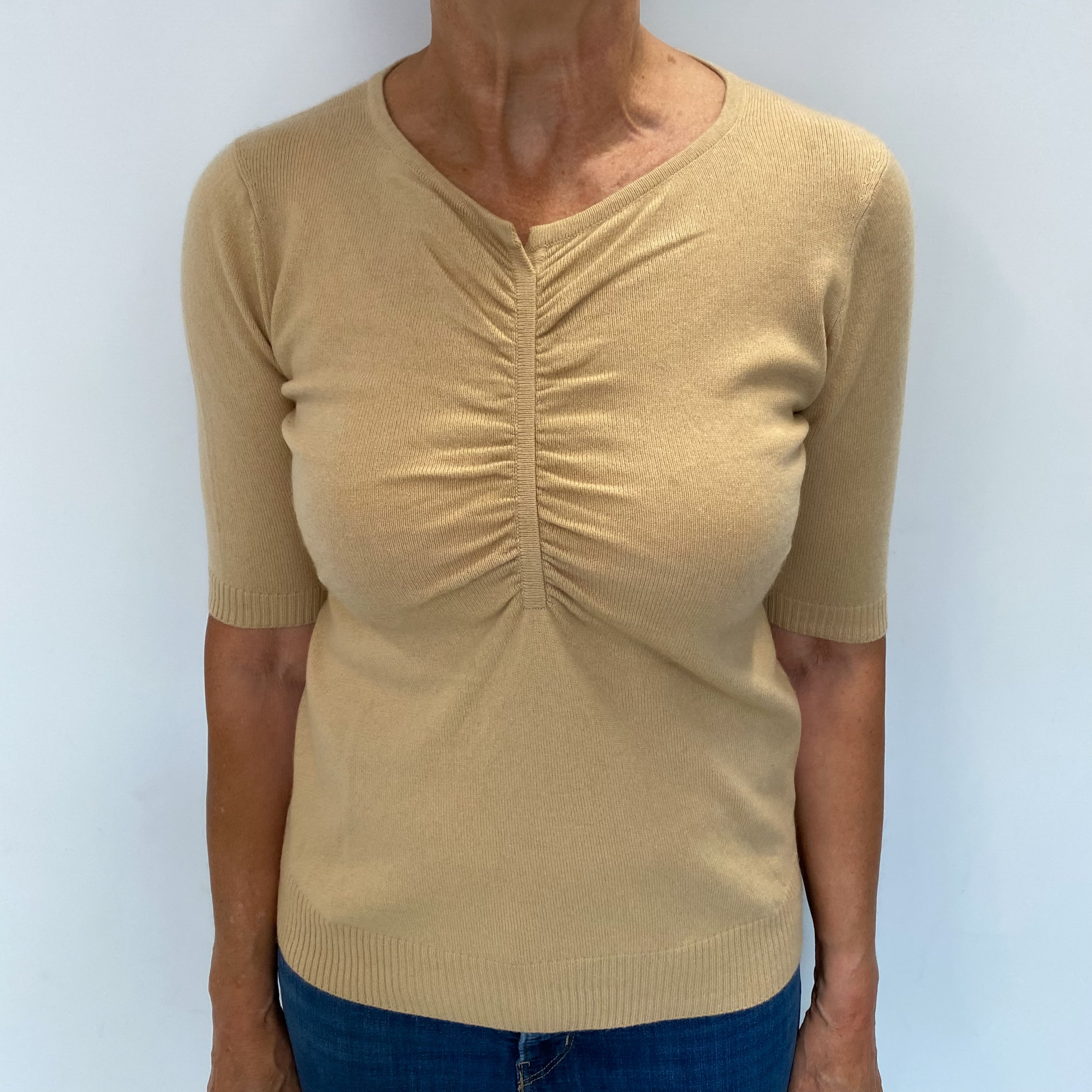 Camel Brown Cashmere Short Sleeved V Neck Jumper Medium