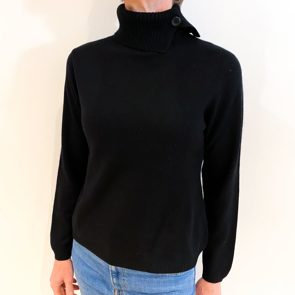 Black Cashmere Buttoned Polo Neck Jumper Small