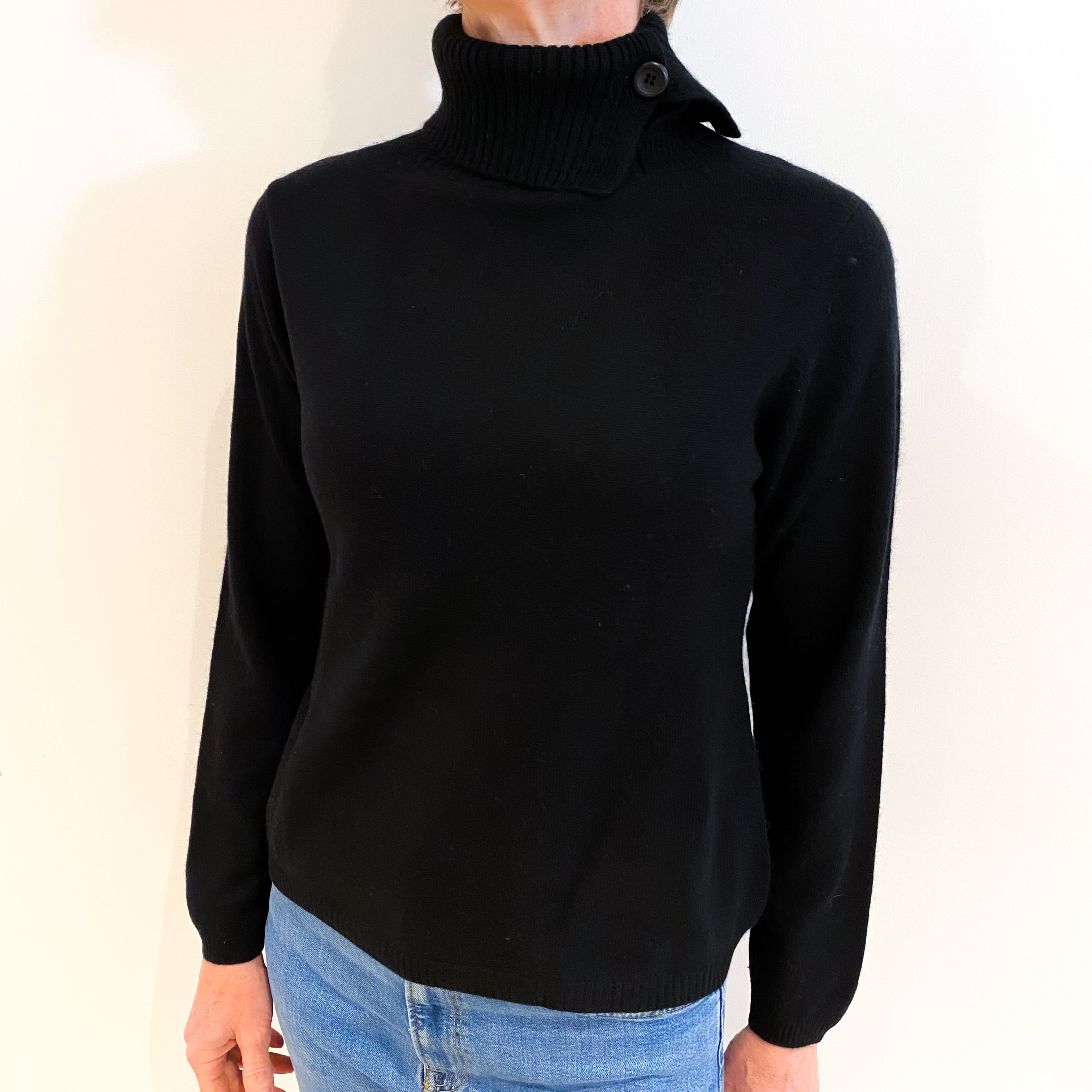 Black Cashmere Buttoned Polo Neck Jumper Small