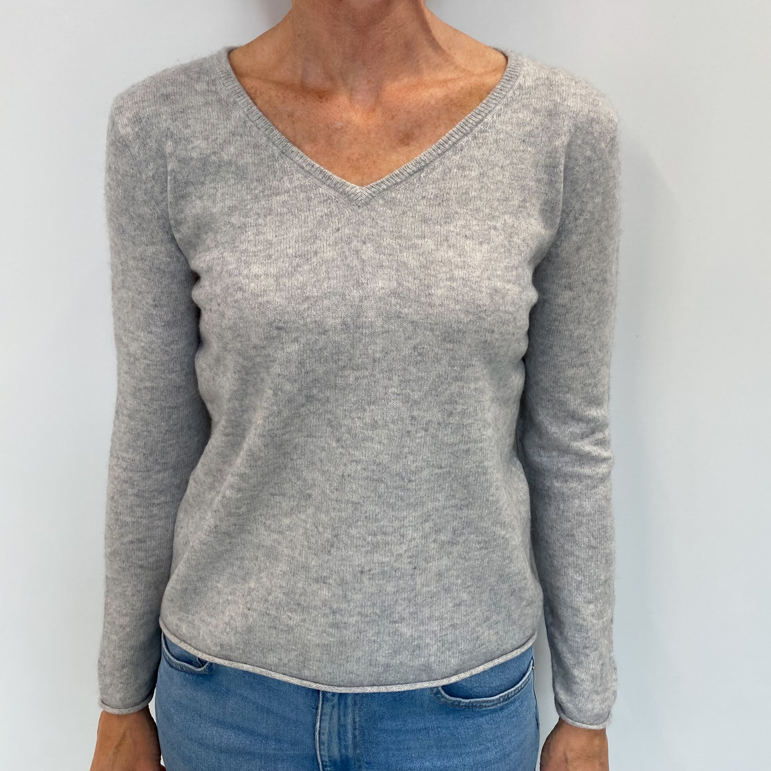 Frost Grey Cashmere V Neck Jumper Small